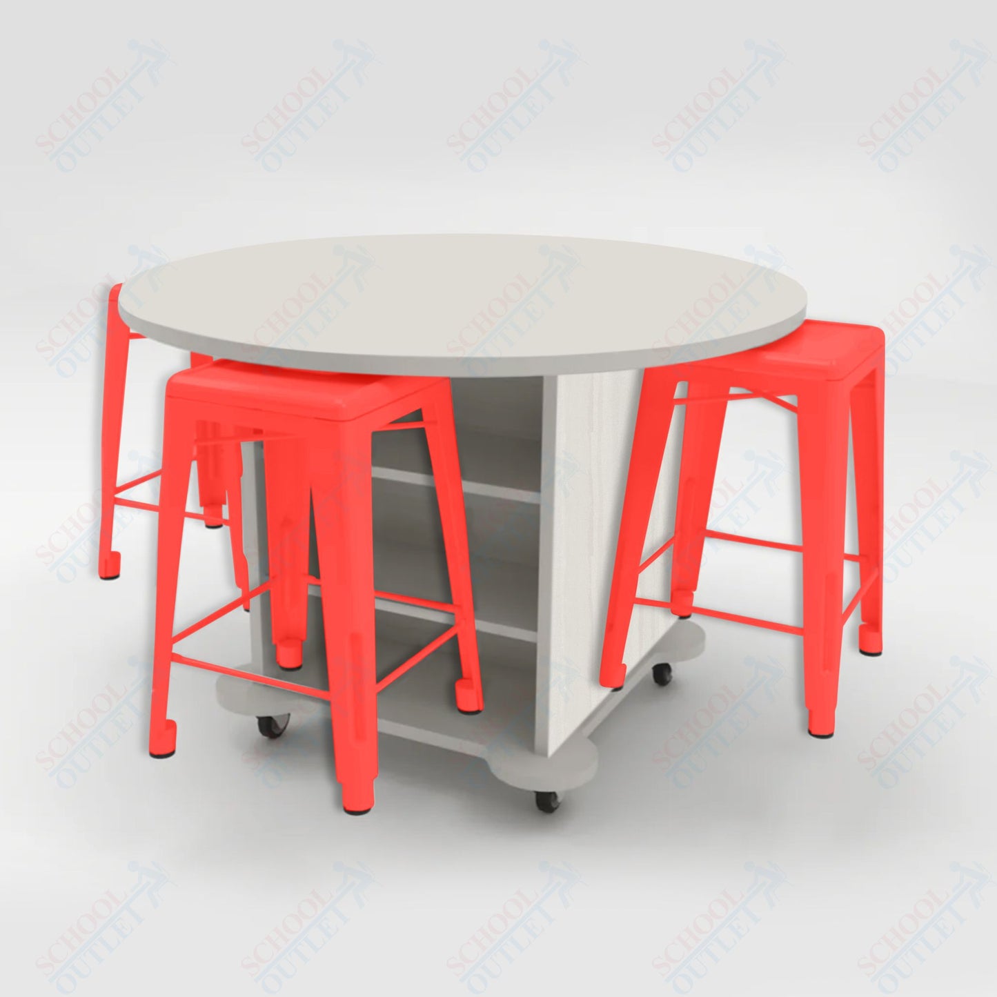 CEF Creation Cube Double-Sided Storage Table - 34"H, High-Pressure Laminate Base and Round Top - 4 Metal Stools Included