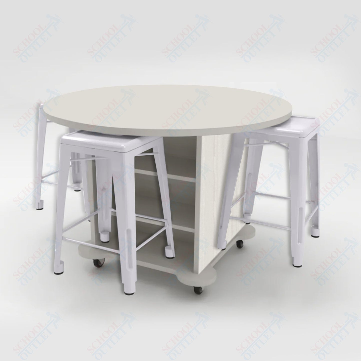 CEF Creation Cube Double-Sided Storage Table - 34"H, High-Pressure Laminate Base and Round Top - 4 Metal Stools Included