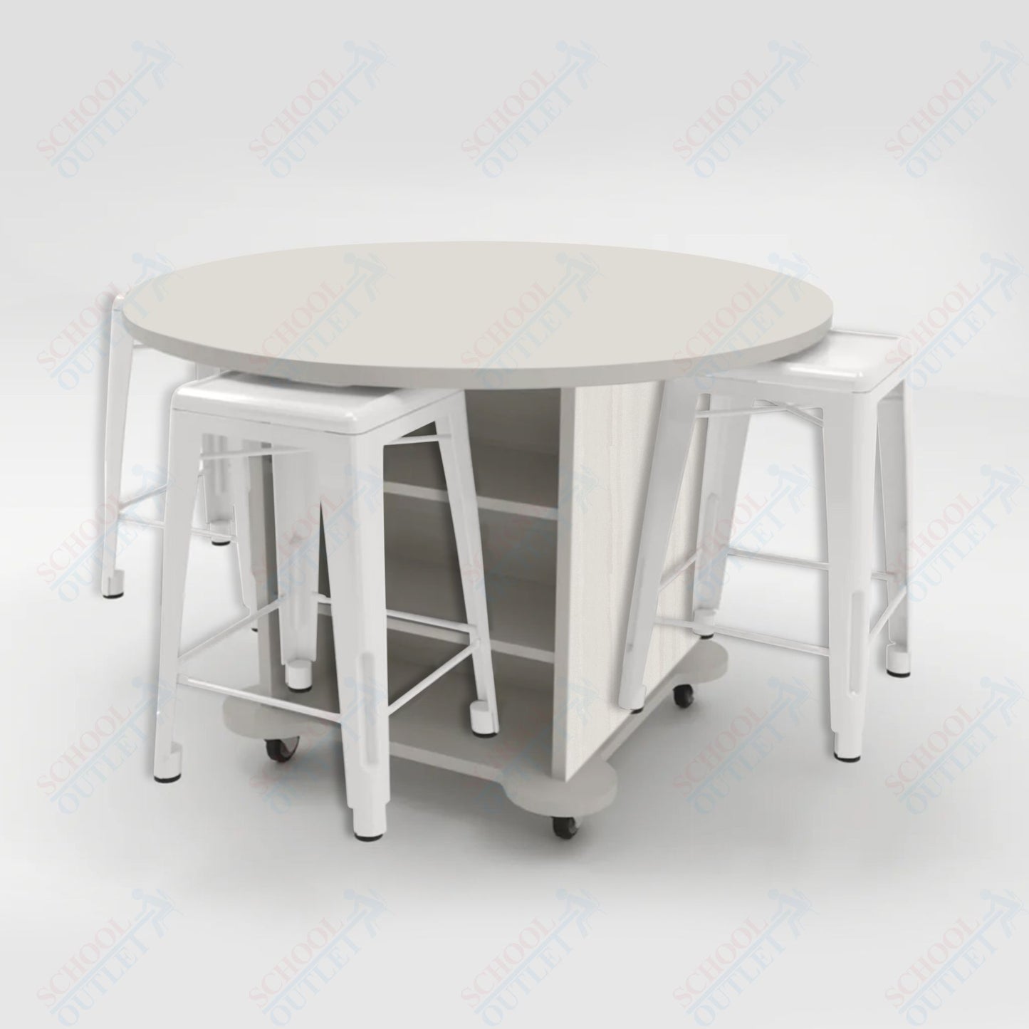 CEF Creation Cube Double-Sided Storage Table - 34"H, High-Pressure Laminate Base and Round Top - 4 Metal Stools Included
