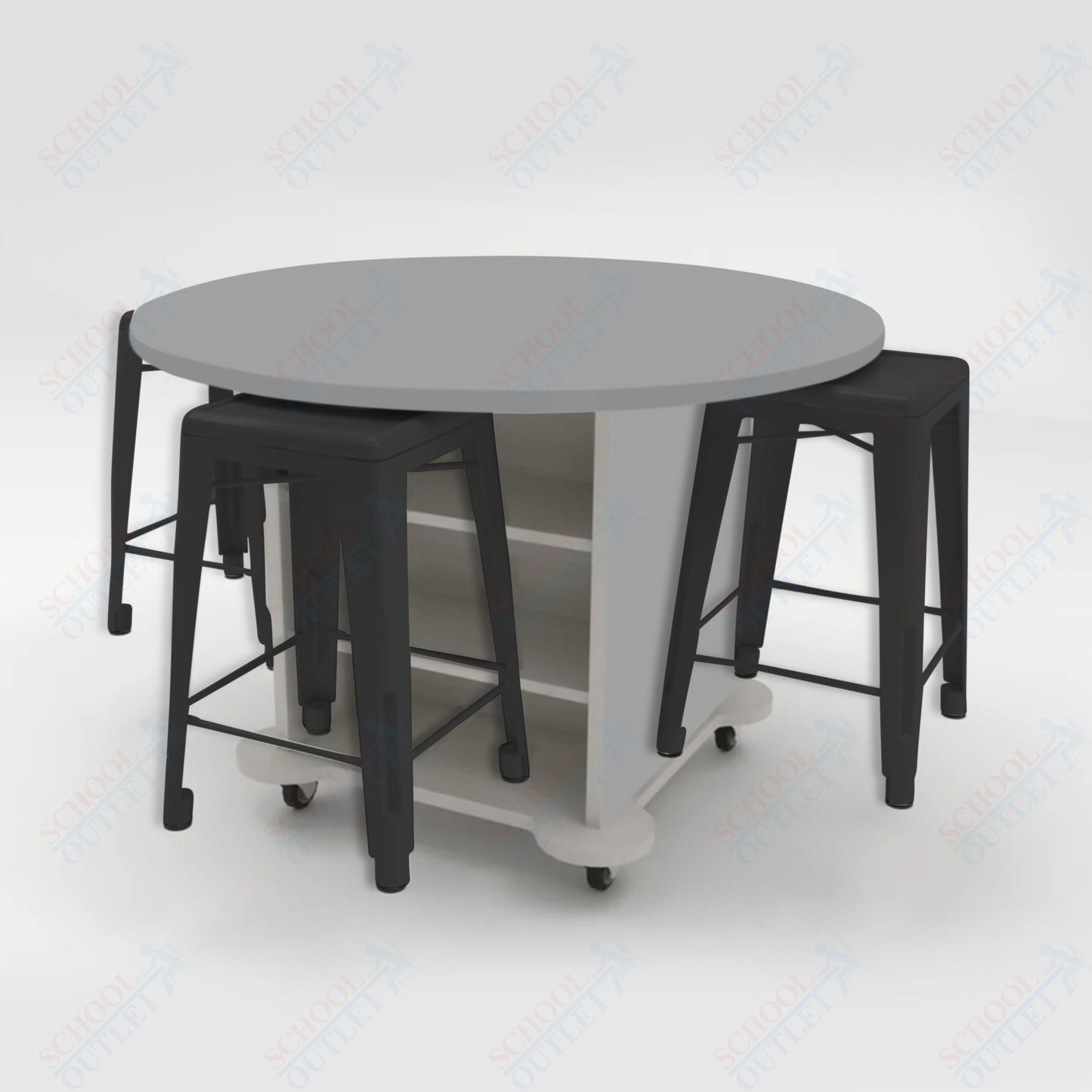 CEF Creation Cube Double-Sided Storage Table - 34"H, High-Pressure Laminate Base and Round Top - 4 Metal Stools Included