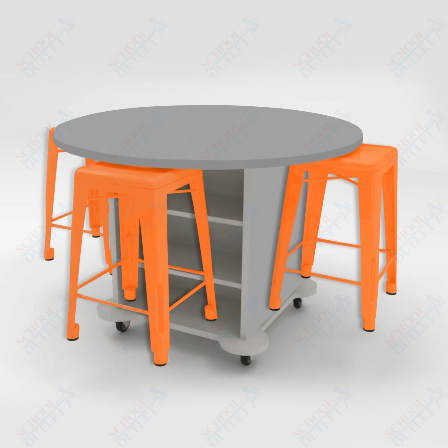 CEF Creation Cube Double-Sided Storage Table - 34"H, High-Pressure Laminate Base and Round Top - 4 Metal Stools Included