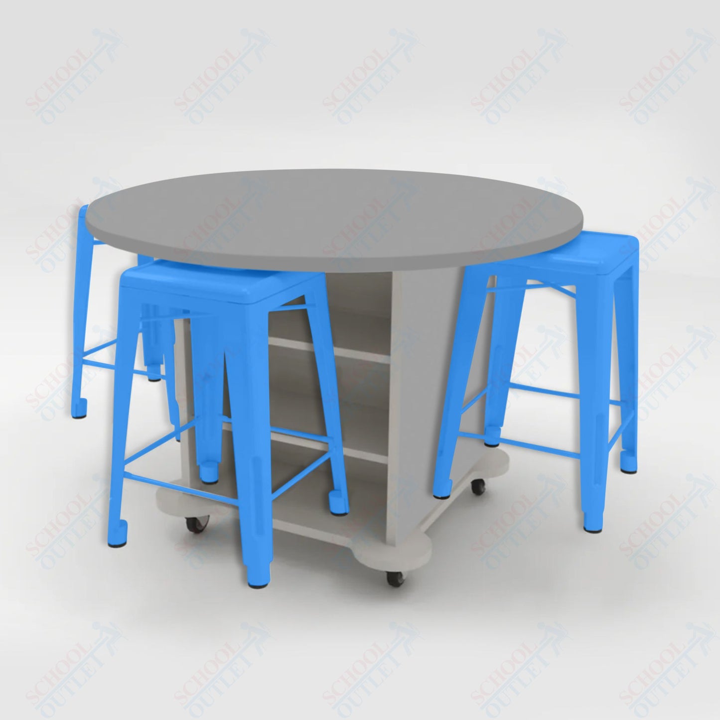 CEF Creation Cube Double-Sided Storage Table - 34"H, High-Pressure Laminate Base and Round Top - 4 Metal Stools Included