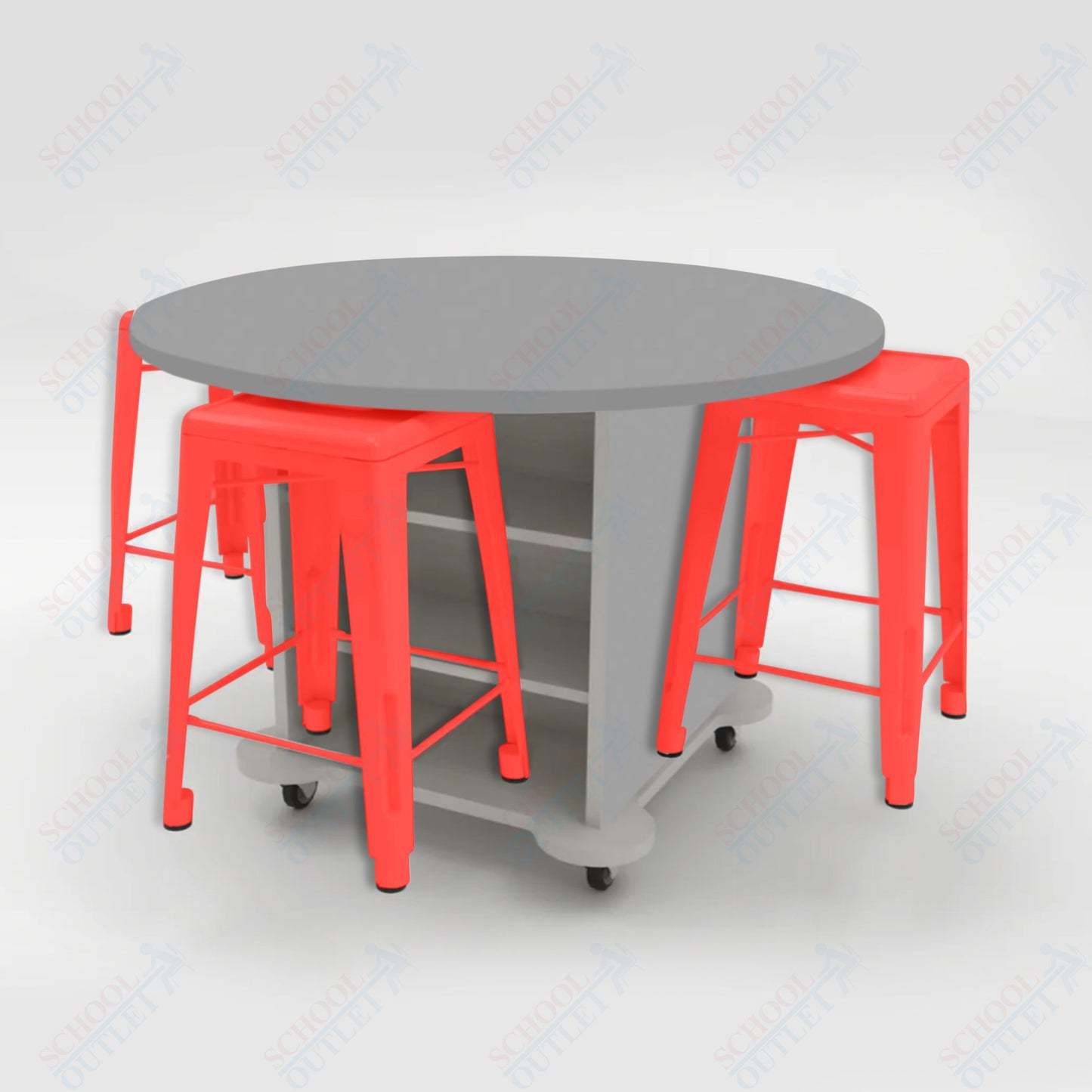 CEF Creation Cube Double-Sided Storage Table - 34"H, High-Pressure Laminate Base and Round Top - 4 Metal Stools Included