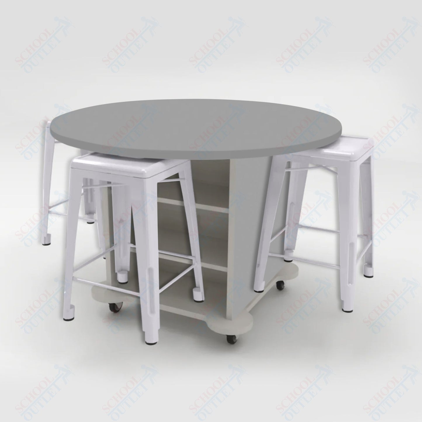 CEF Creation Cube Double-Sided Storage Table - 34"H, High-Pressure Laminate Base and Round Top - 4 Metal Stools Included