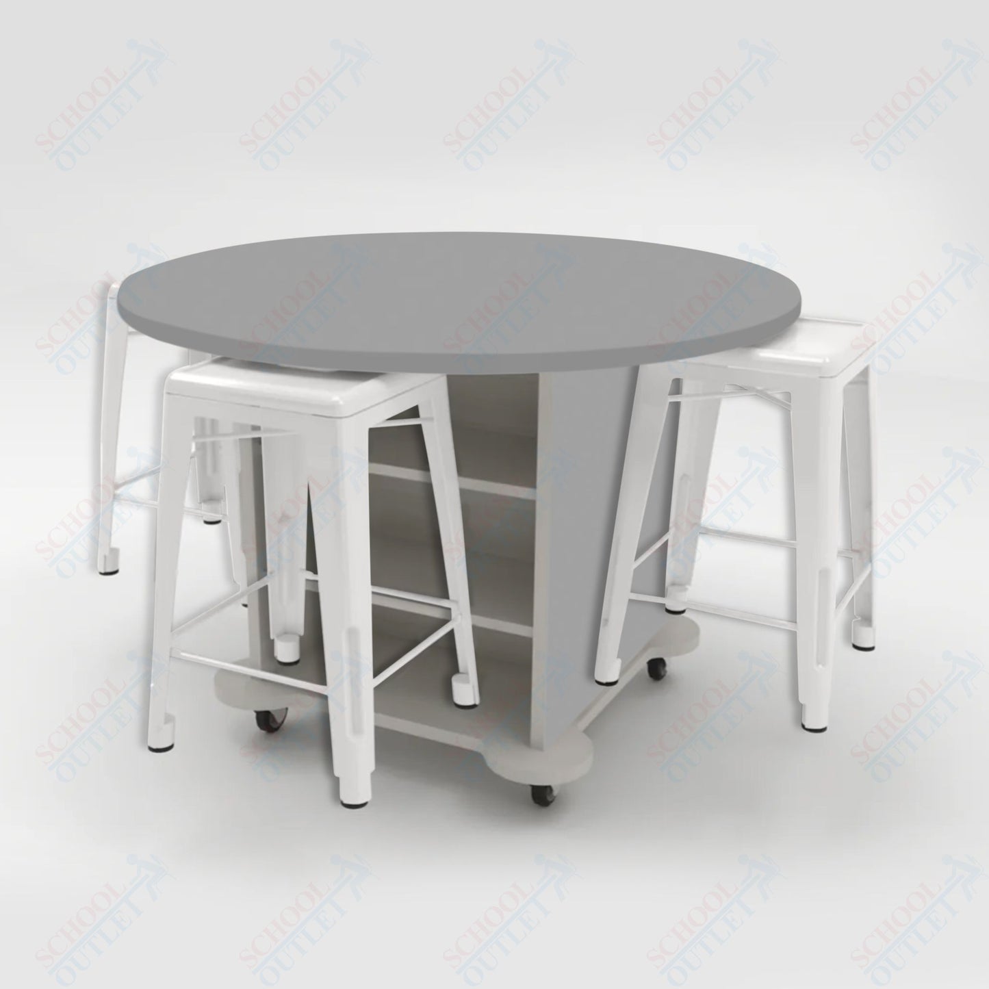CEF Creation Cube Double-Sided Storage Table - 34"H, High-Pressure Laminate Base and Round Top - 4 Metal Stools Included