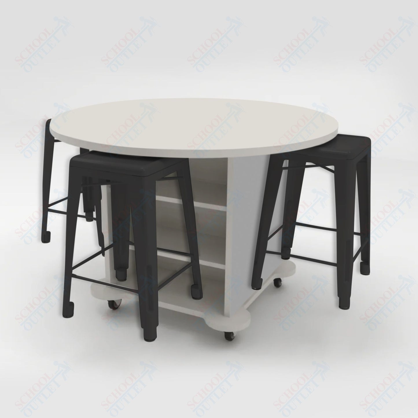 CEF Creation Cube Double-Sided Storage Table - 34"H, High-Pressure Laminate Base and Round Top - 4 Metal Stools Included