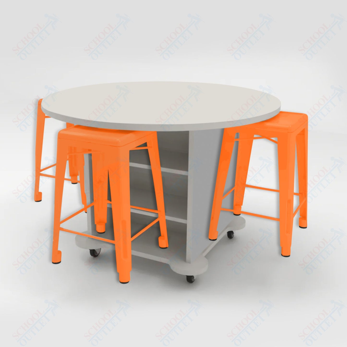 CEF Creation Cube Double-Sided Storage Table - 34"H, High-Pressure Laminate Base and Round Top - 4 Metal Stools Included