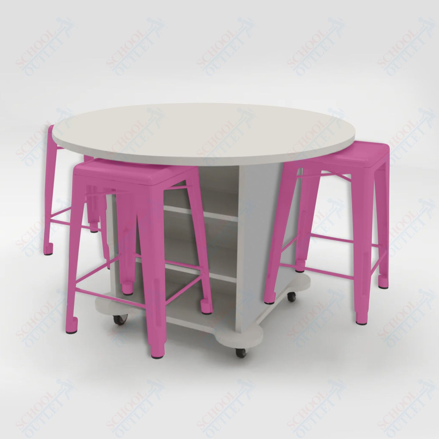 CEF Creation Cube Double-Sided Storage Table - 34"H, High-Pressure Laminate Base and Round Top - 4 Metal Stools Included