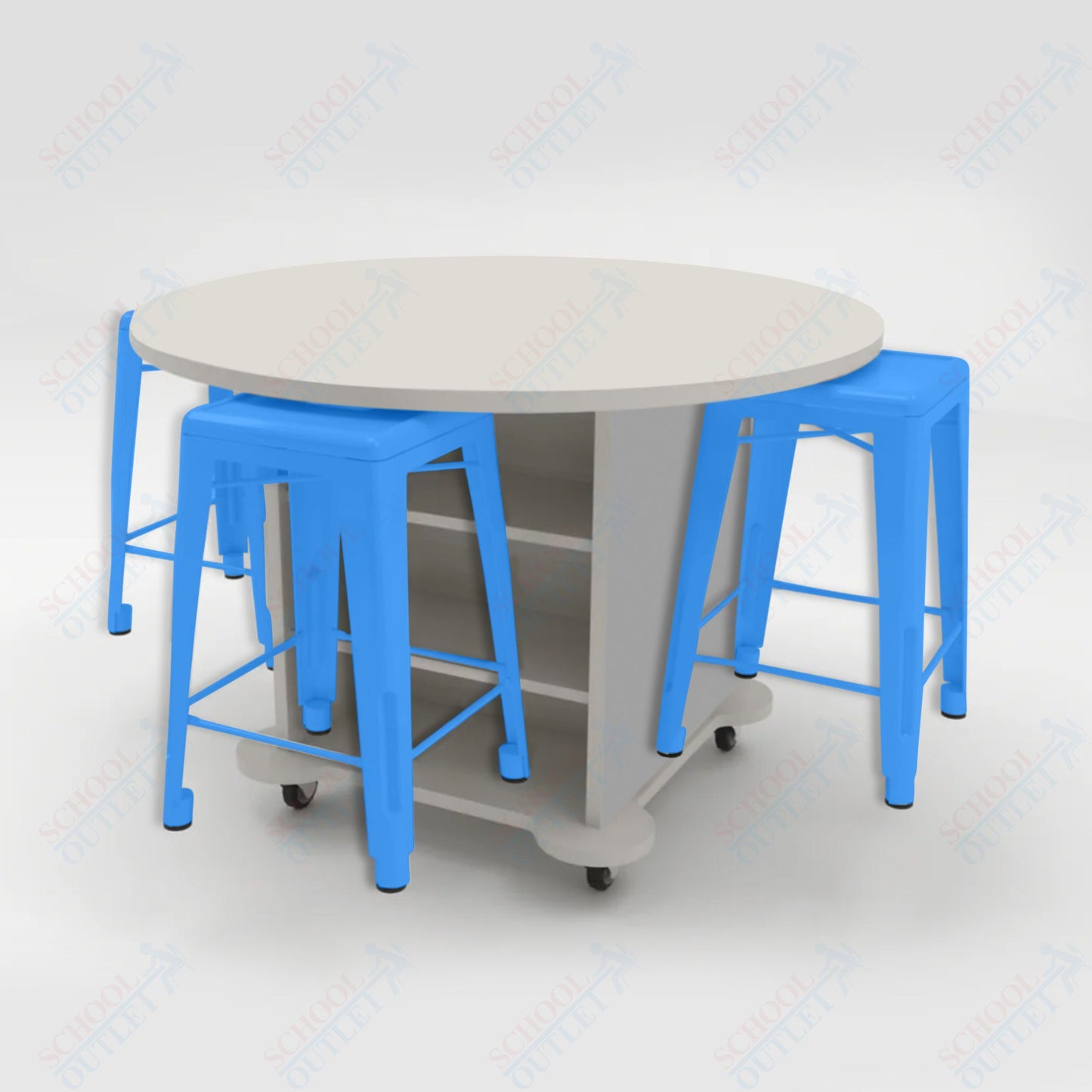 CEF Creation Cube Double-Sided Storage Table - 34"H, High-Pressure Laminate Base and Round Top - 4 Metal Stools Included