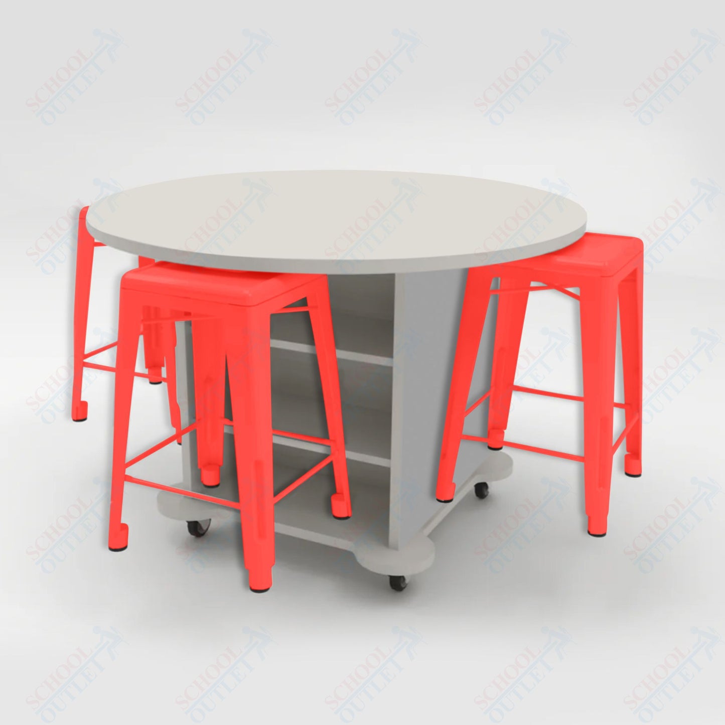 CEF Creation Cube Double-Sided Storage Table - 34"H, High-Pressure Laminate Base and Round Top - 4 Metal Stools Included