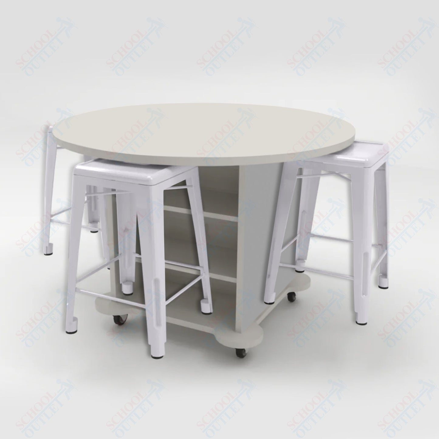 CEF Creation Cube Double-Sided Storage Table - 34"H, High-Pressure Laminate Base and Round Top - 4 Metal Stools Included