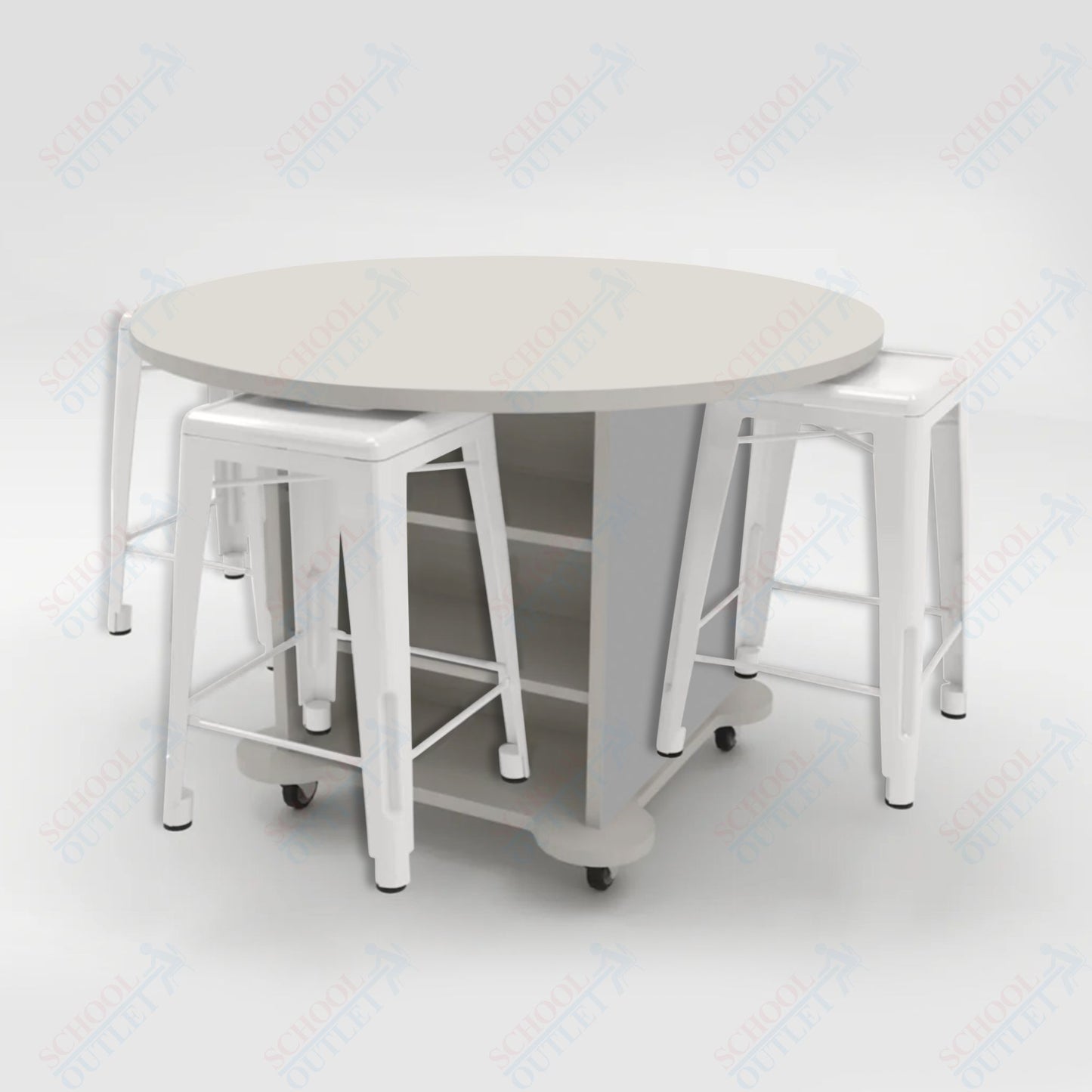 CEF Creation Cube Double-Sided Storage Table - 34"H, High-Pressure Laminate Base and Round Top - 4 Metal Stools Included