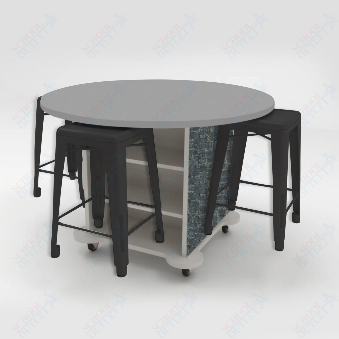 CEF Creation Cube Double-Sided Storage Table - 34"H, High-Pressure Laminate Base and Round Top - 4 Metal Stools Included