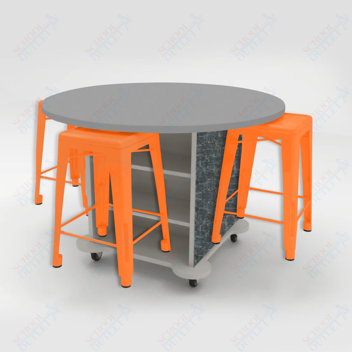 CEF Creation Cube Double-Sided Storage Table - 34"H, High-Pressure Laminate Base and Round Top - 4 Metal Stools Included