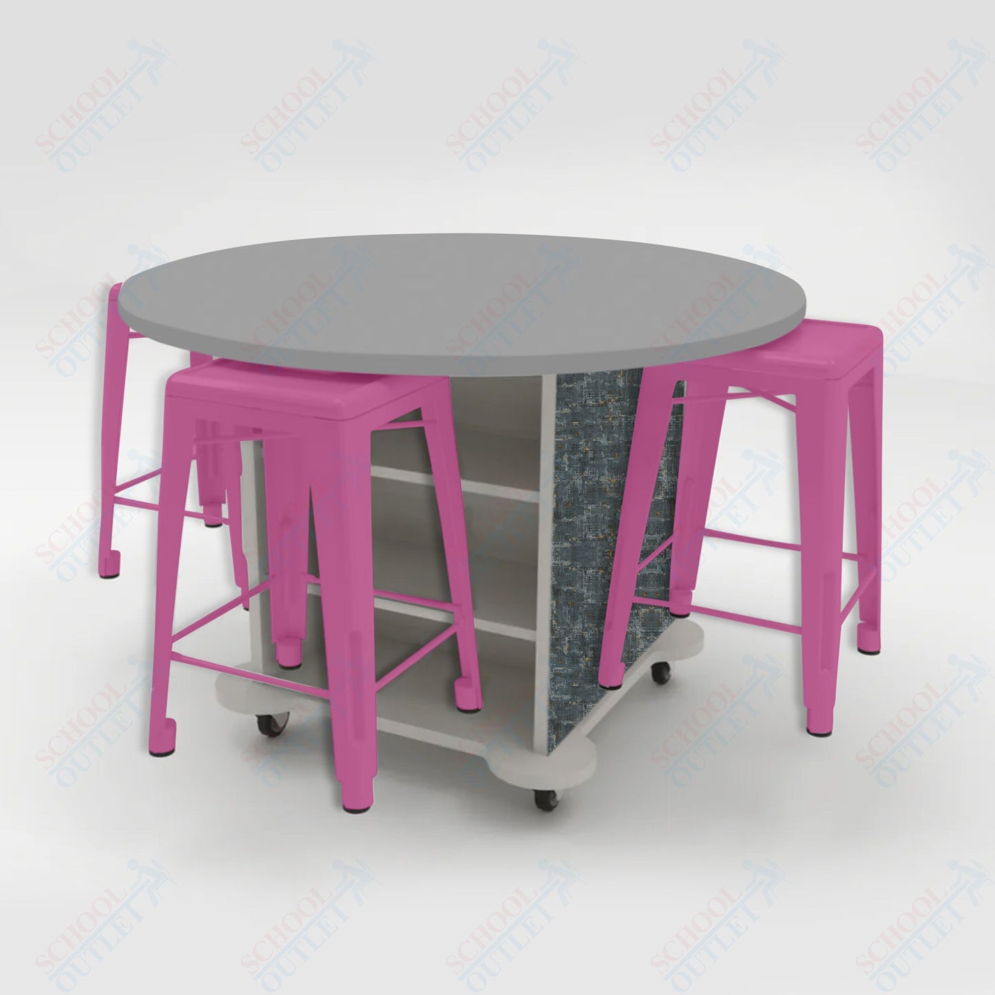 CEF Creation Cube Double-Sided Storage Table - 34"H, High-Pressure Laminate Base and Round Top - 4 Metal Stools Included