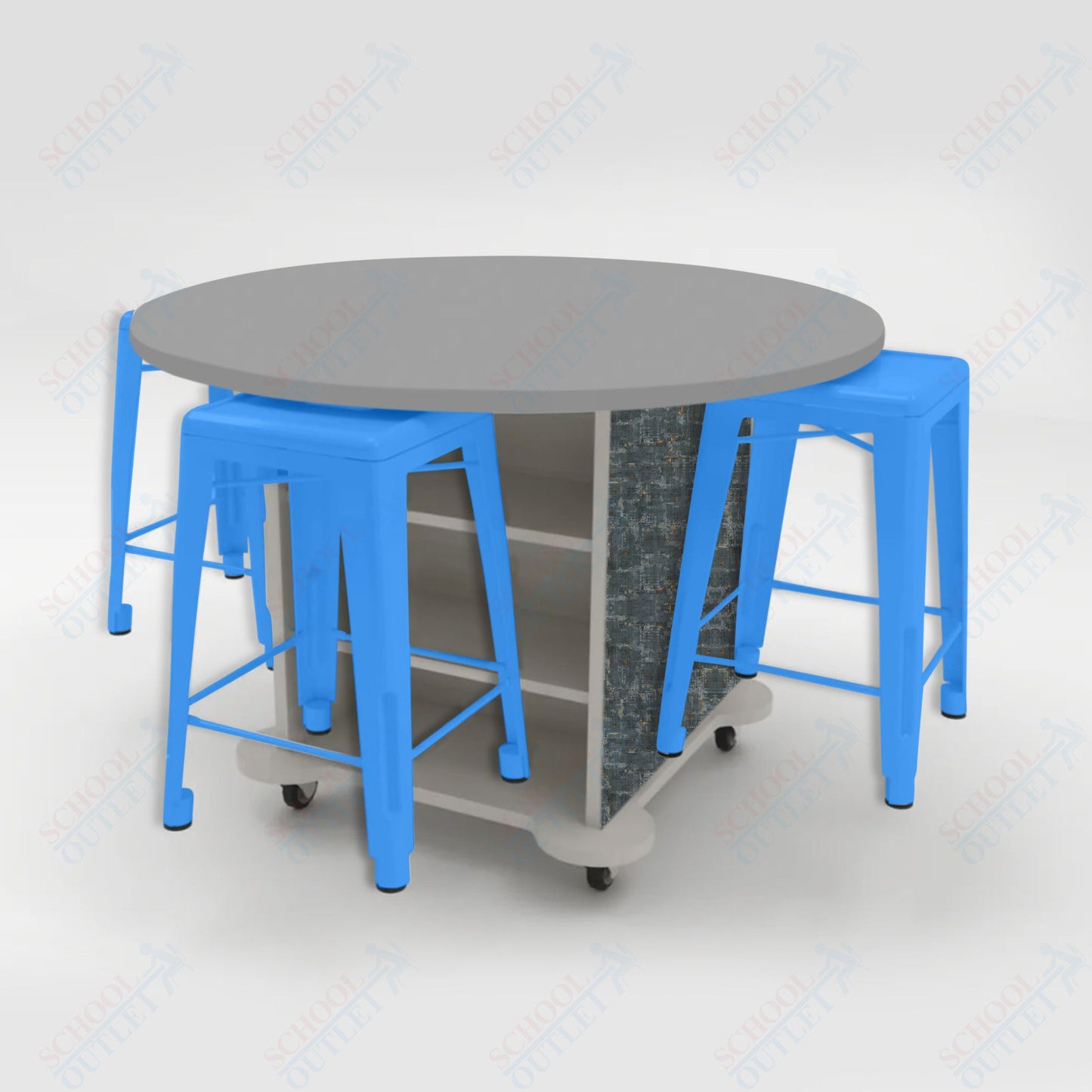 CEF Creation Cube Double-Sided Storage Table - 34"H, High-Pressure Laminate Base and Round Top - 4 Metal Stools Included