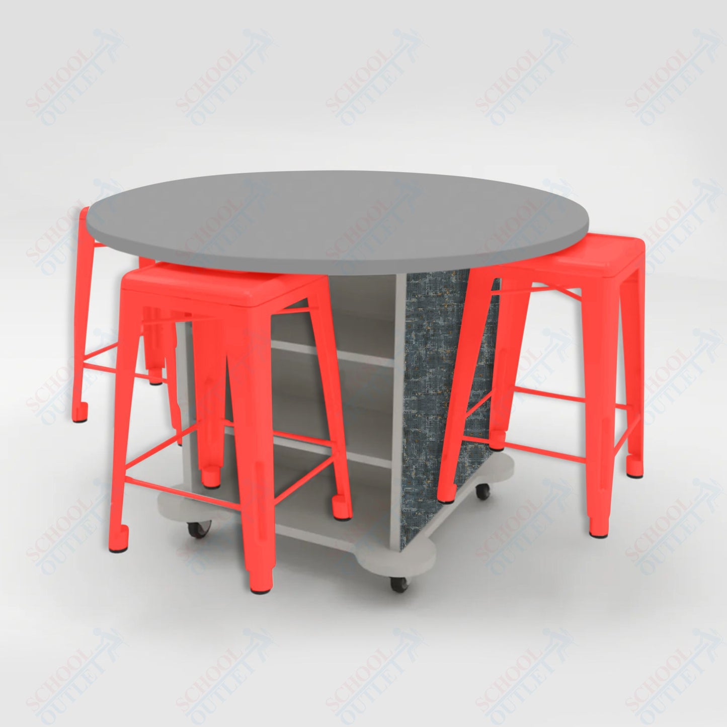 CEF Creation Cube Double-Sided Storage Table - 34"H, High-Pressure Laminate Base and Round Top - 4 Metal Stools Included