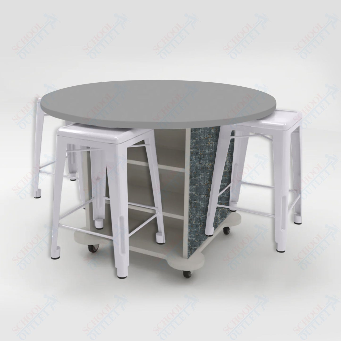 CEF Creation Cube Double-Sided Storage Table - 34"H, High-Pressure Laminate Base and Round Top - 4 Metal Stools Included
