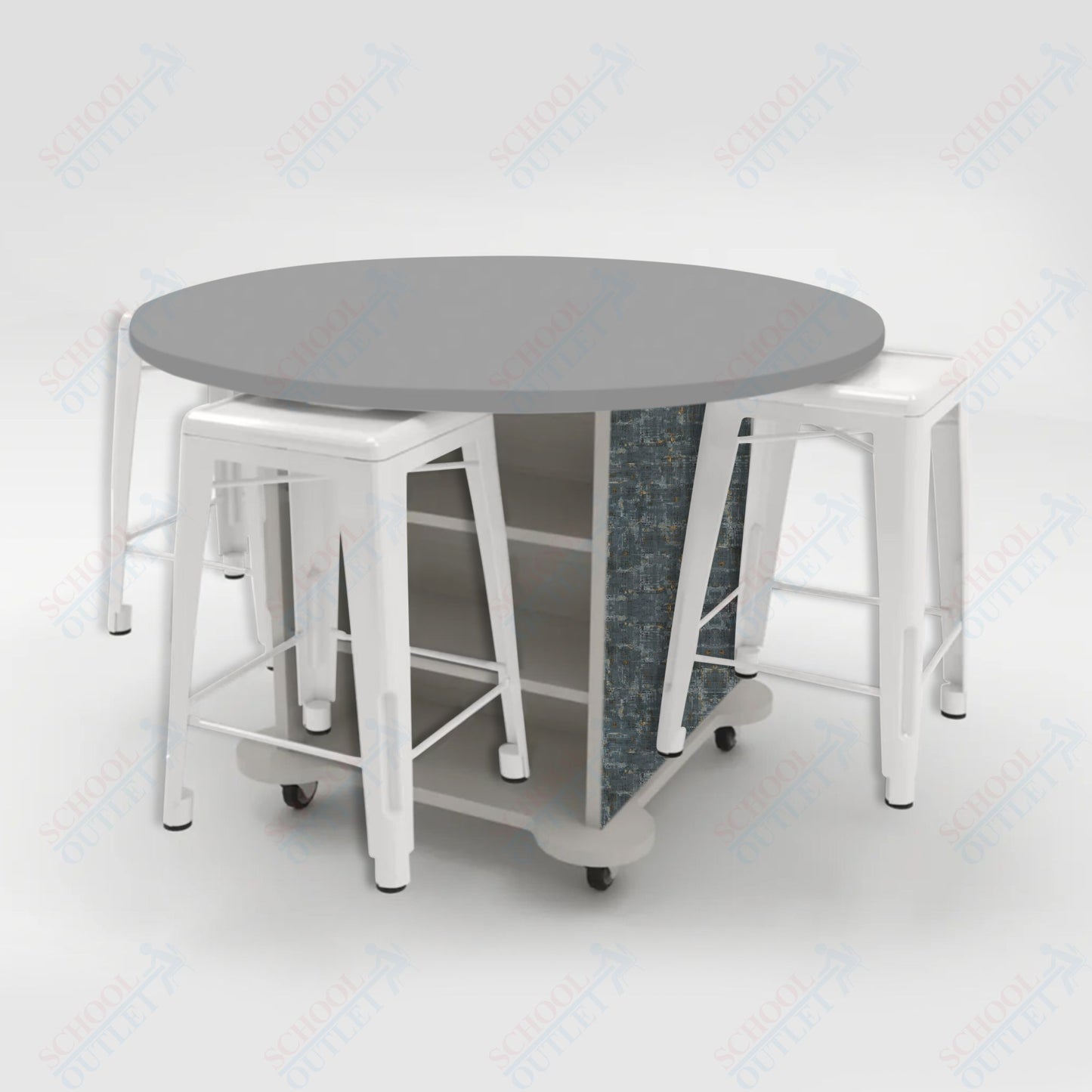 CEF Creation Cube Double-Sided Storage Table - 34"H, High-Pressure Laminate Base and Round Top - 4 Metal Stools Included