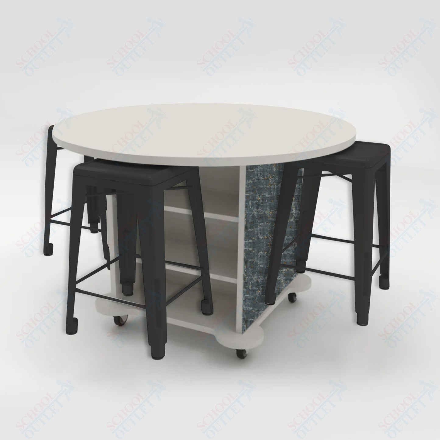 CEF Creation Cube Double-Sided Storage Table - 34"H, High-Pressure Laminate Base and Round Top - 4 Metal Stools Included