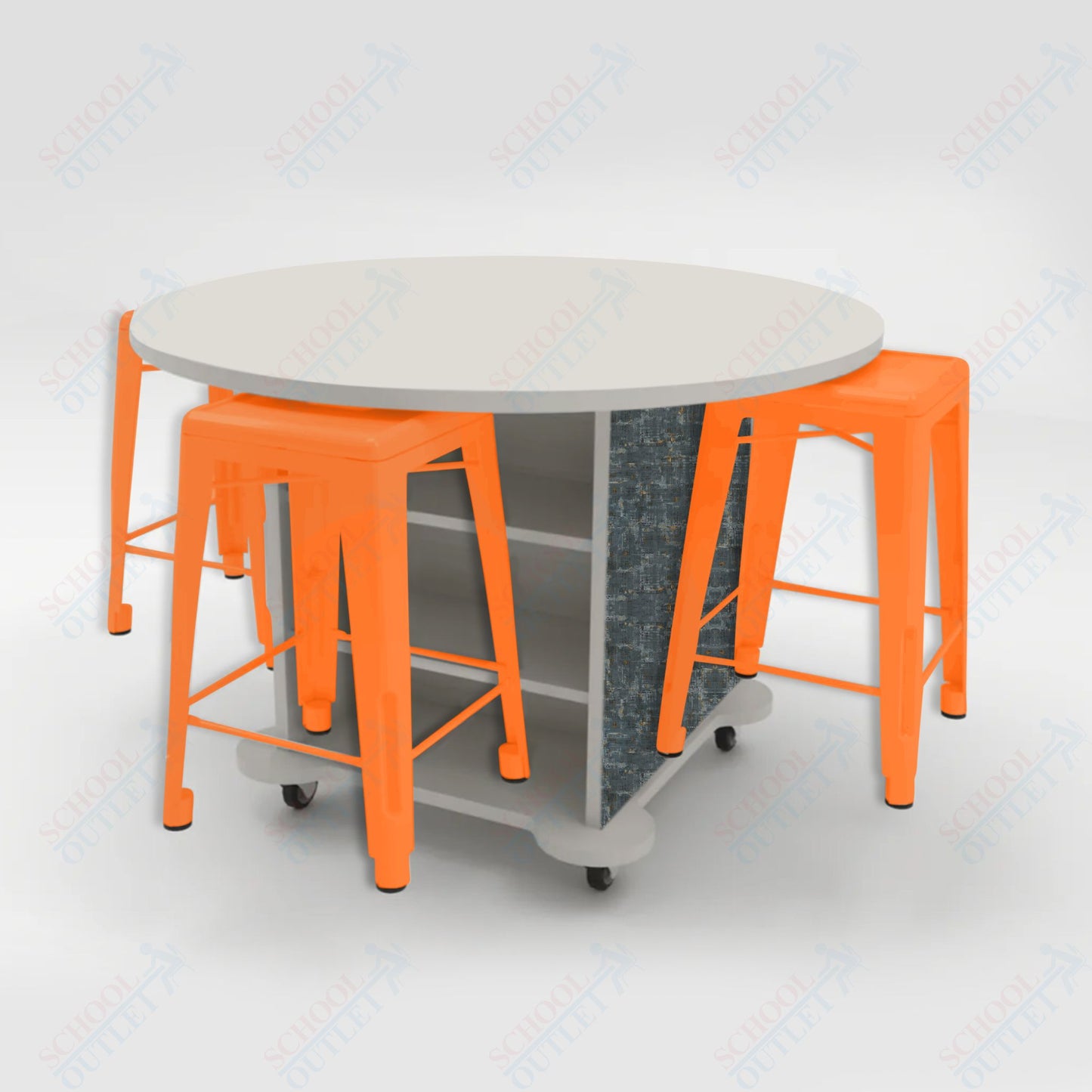 CEF Creation Cube Double-Sided Storage Table - 34"H, High-Pressure Laminate Base and Round Top - 4 Metal Stools Included