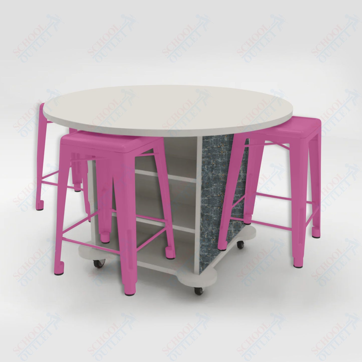CEF Creation Cube Double-Sided Storage Table - 34"H, High-Pressure Laminate Base and Round Top - 4 Metal Stools Included