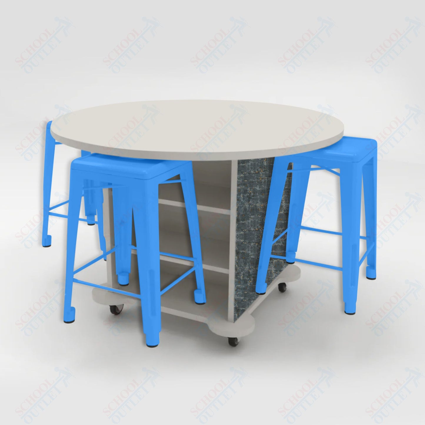 CEF Creation Cube Double-Sided Storage Table - 34"H, High-Pressure Laminate Base and Round Top - 4 Metal Stools Included