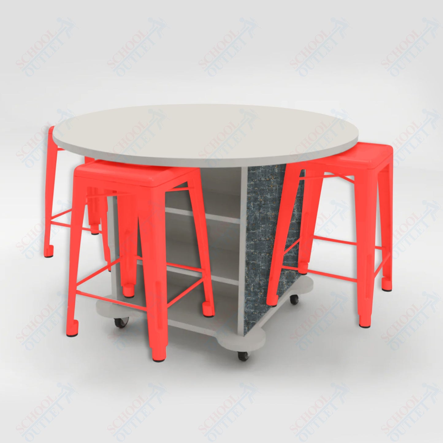 CEF Creation Cube Double-Sided Storage Table - 34"H, High-Pressure Laminate Base and Round Top - 4 Metal Stools Included