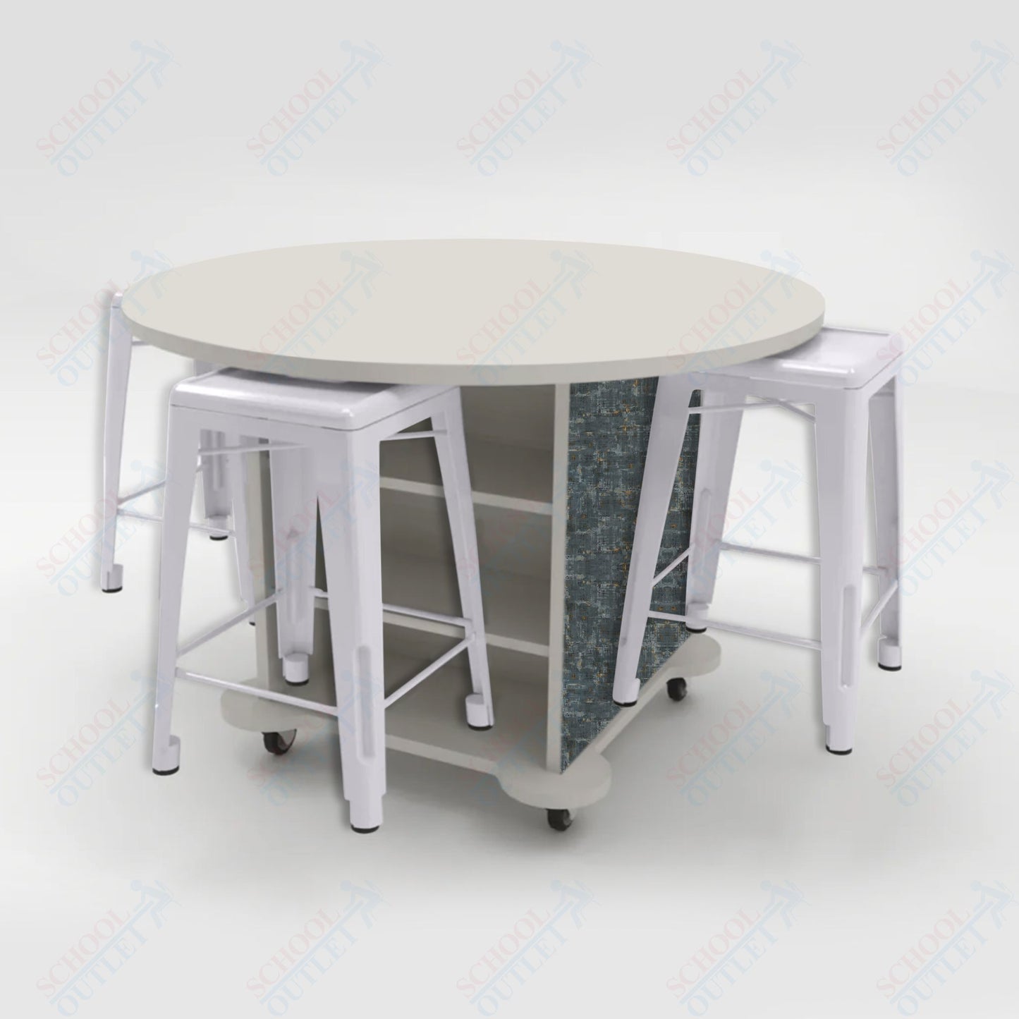CEF Creation Cube Double-Sided Storage Table - 34"H, High-Pressure Laminate Base and Round Top - 4 Metal Stools Included