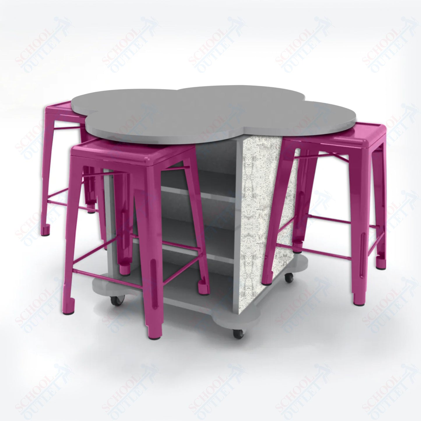 CEF Creation Cube Double-Sided Storage Table - 34"H, High-Pressure Laminate Base and Clover Top - 4 Metal Stools Included