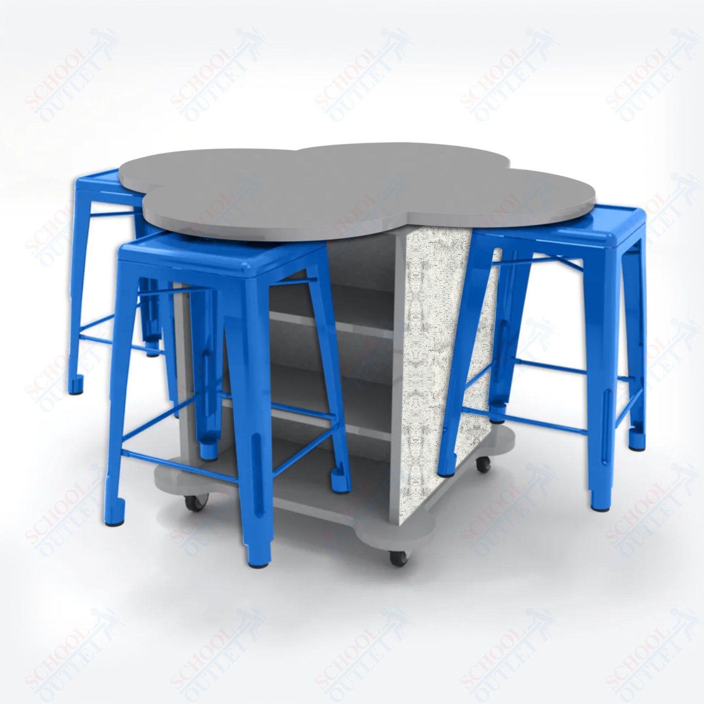 CEF Creation Cube Double-Sided Storage Table - 34"H, High-Pressure Laminate Base and Clover Top - 4 Metal Stools Included