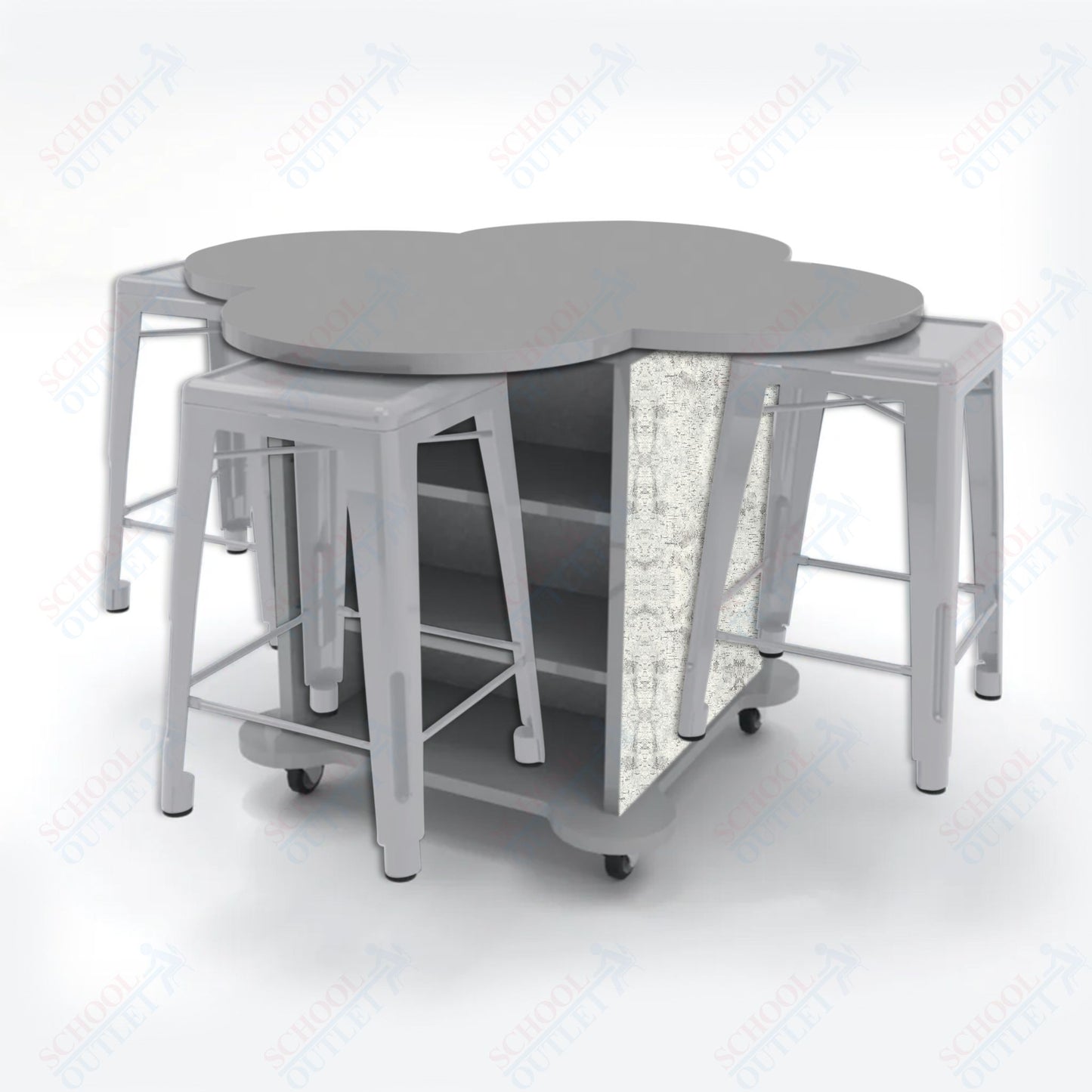 CEF Creation Cube Double-Sided Storage Table - 34"H, High-Pressure Laminate Base and Clover Top - 4 Metal Stools Included