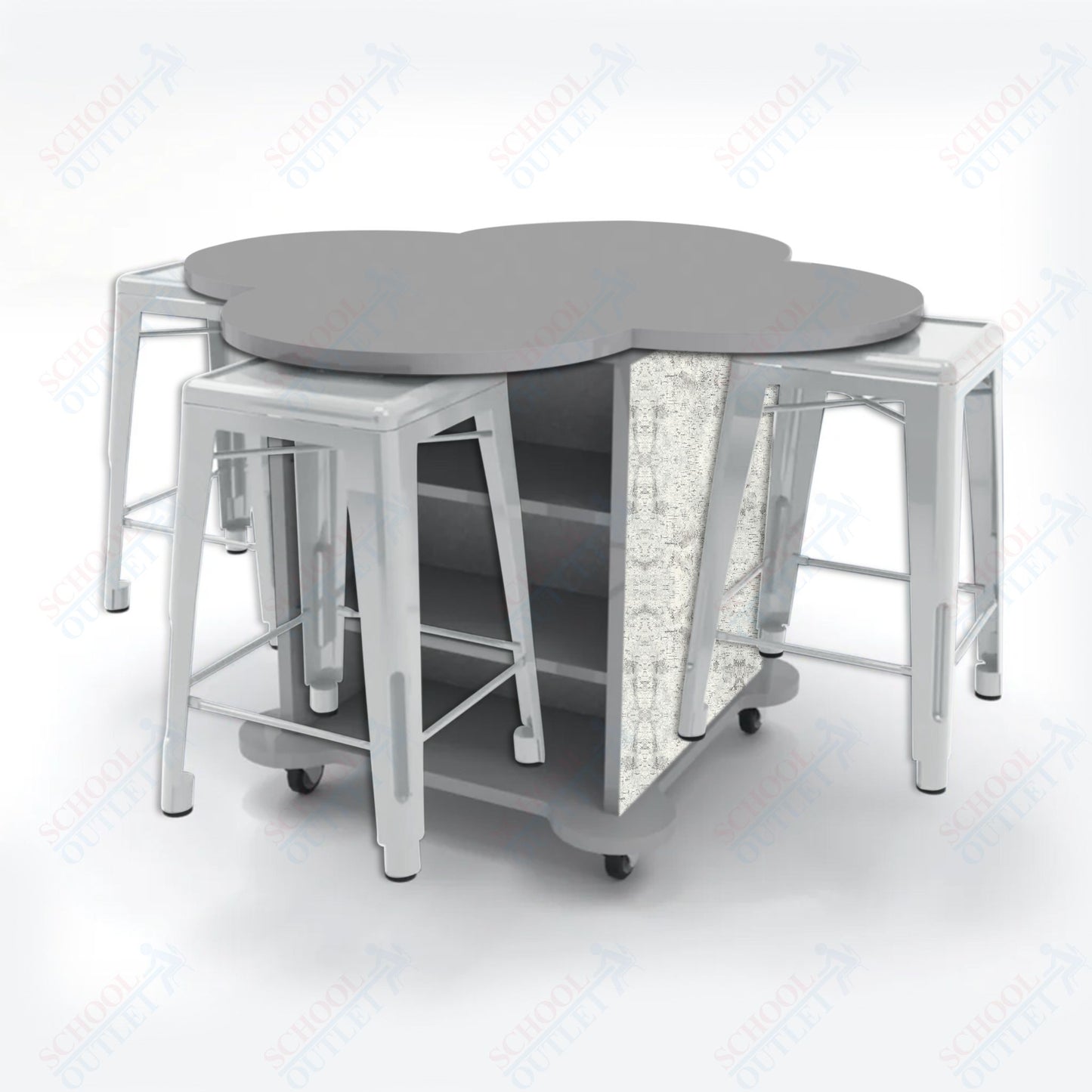 CEF Creation Cube Double-Sided Storage Table - 34"H, High-Pressure Laminate Base and Clover Top - 4 Metal Stools Included