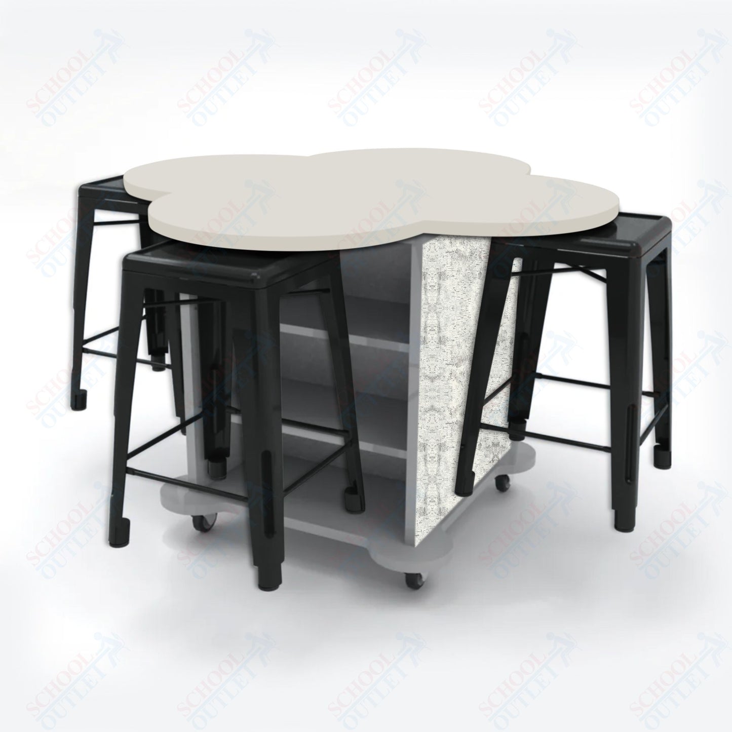 CEF Creation Cube Double-Sided Storage Table - 34"H, High-Pressure Laminate Base and Clover Top - 4 Metal Stools Included