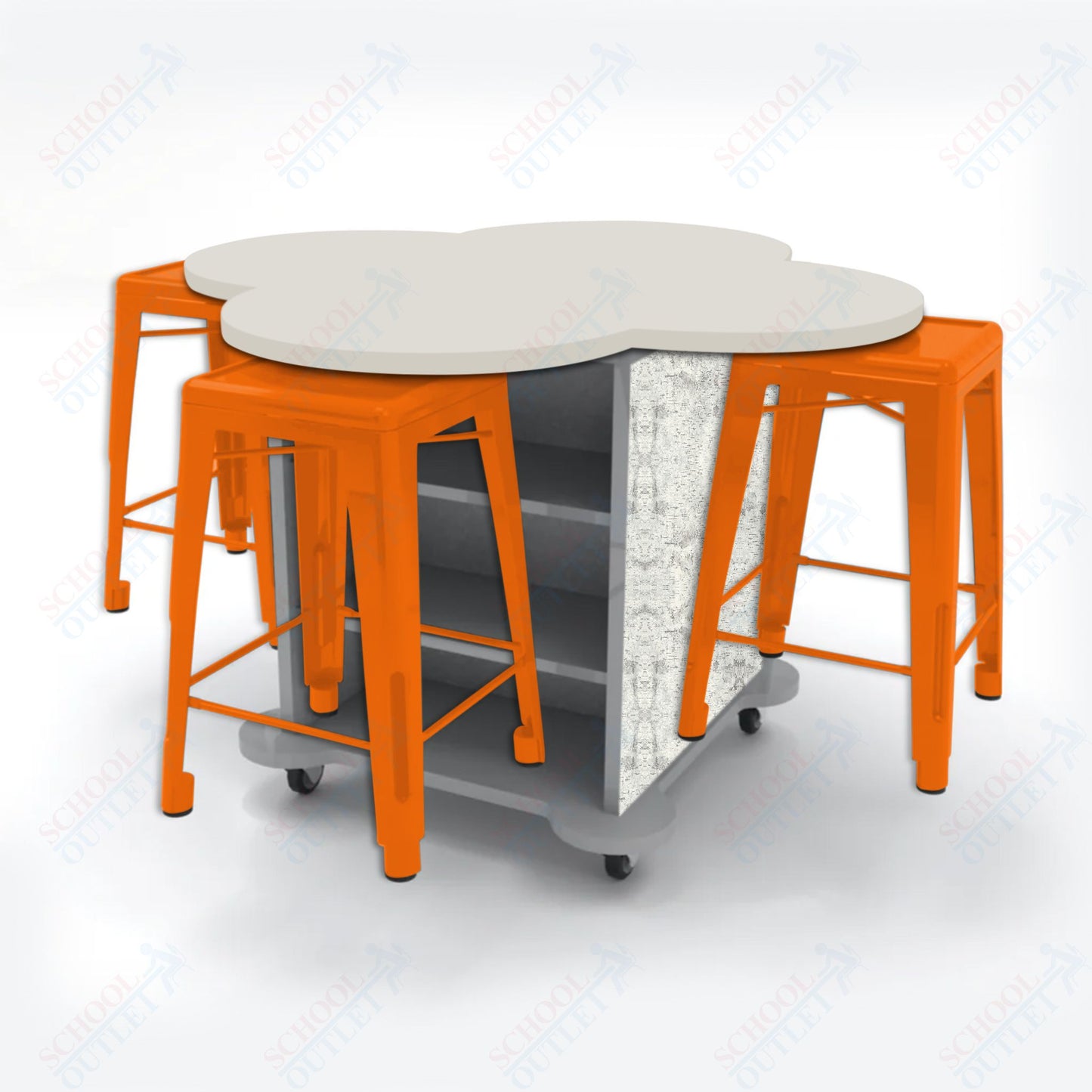 CEF Creation Cube Double-Sided Storage Table - 34"H, High-Pressure Laminate Base and Clover Top - 4 Metal Stools Included