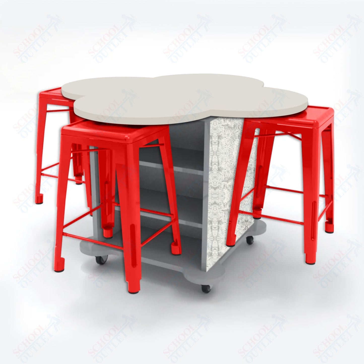 CEF Creation Cube Double-Sided Storage Table - 34"H, High-Pressure Laminate Base and Clover Top - 4 Metal Stools Included