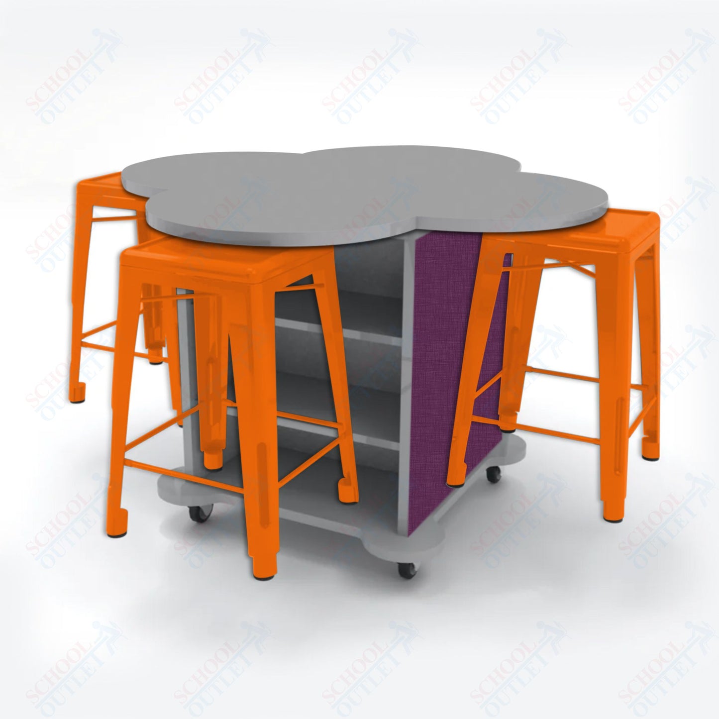 CEF Creation Cube Double-Sided Storage Table - 34"H, High-Pressure Laminate Base and Clover Top - 4 Metal Stools Included