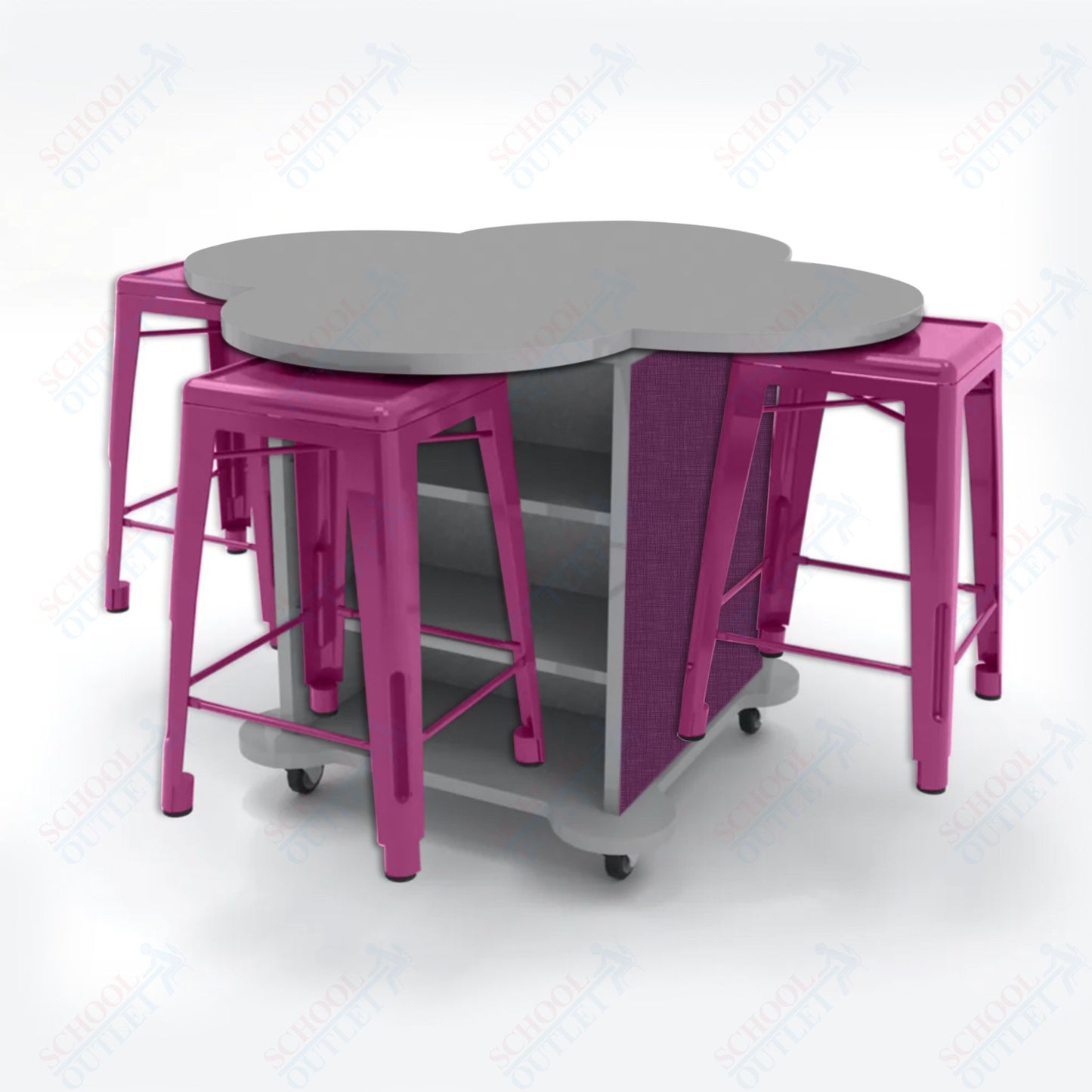 CEF Creation Cube Double-Sided Storage Table - 34"H, High-Pressure Laminate Base and Clover Top - 4 Metal Stools Included