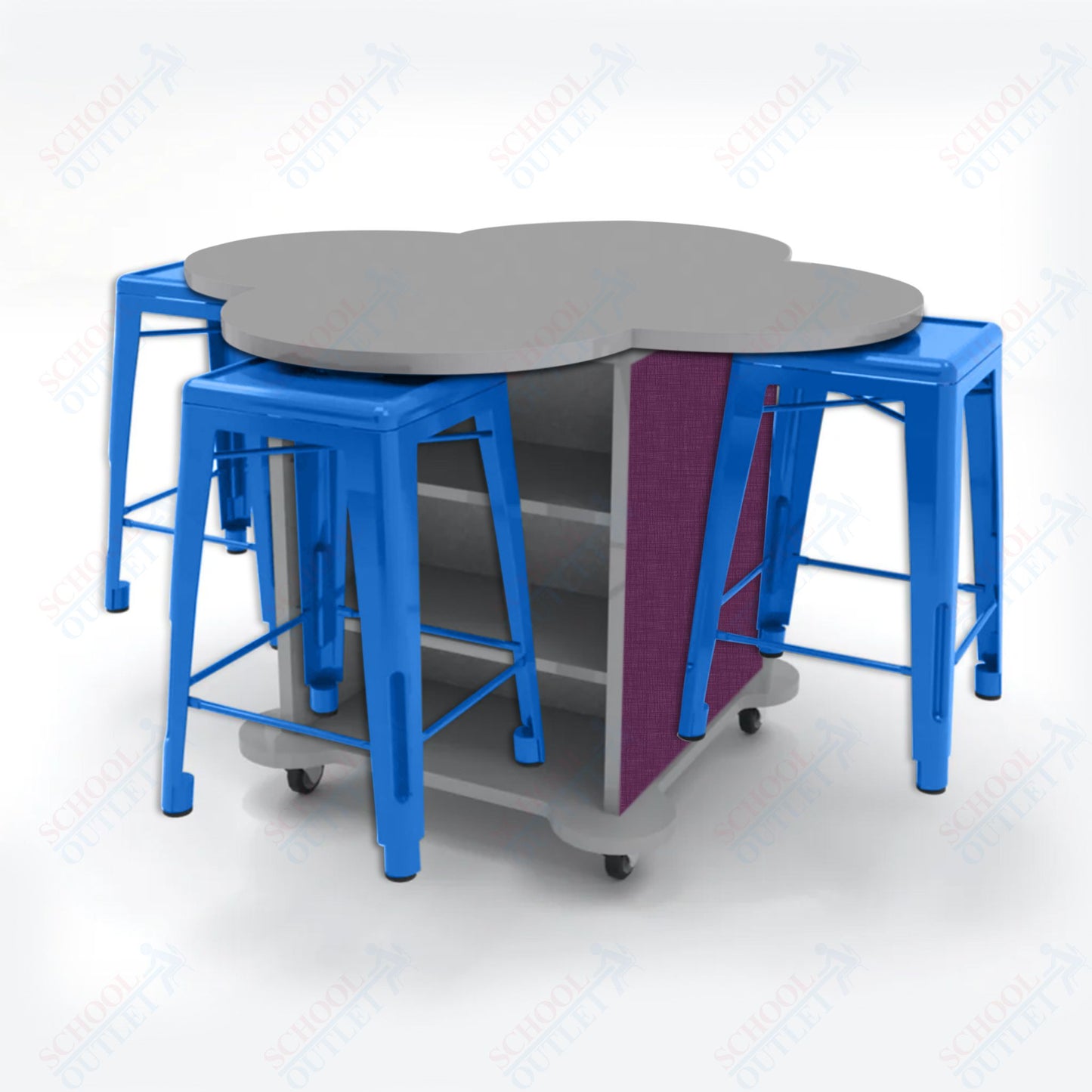 CEF Creation Cube Double-Sided Storage Table - 34"H, High-Pressure Laminate Base and Clover Top - 4 Metal Stools Included