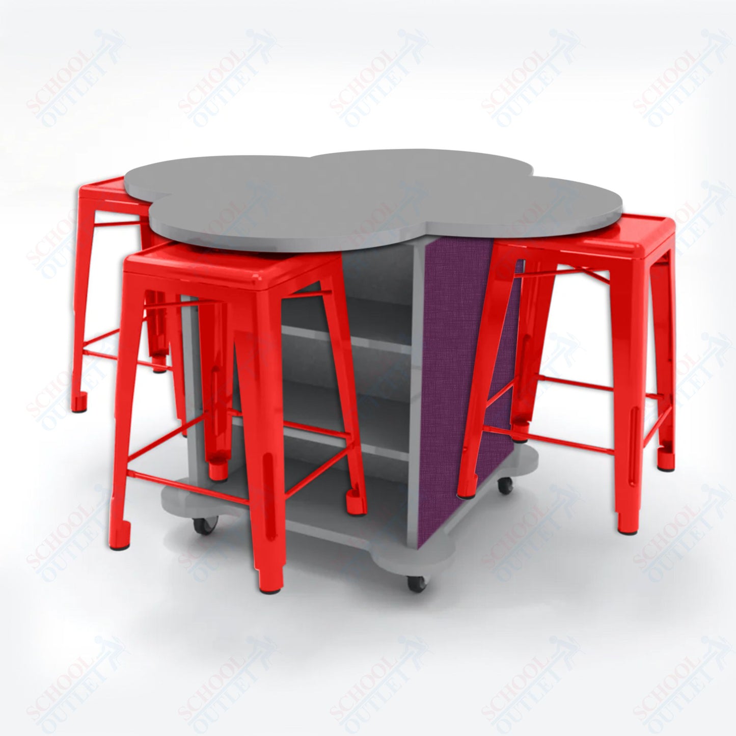 CEF Creation Cube Double-Sided Storage Table - 34"H, High-Pressure Laminate Base and Clover Top - 4 Metal Stools Included