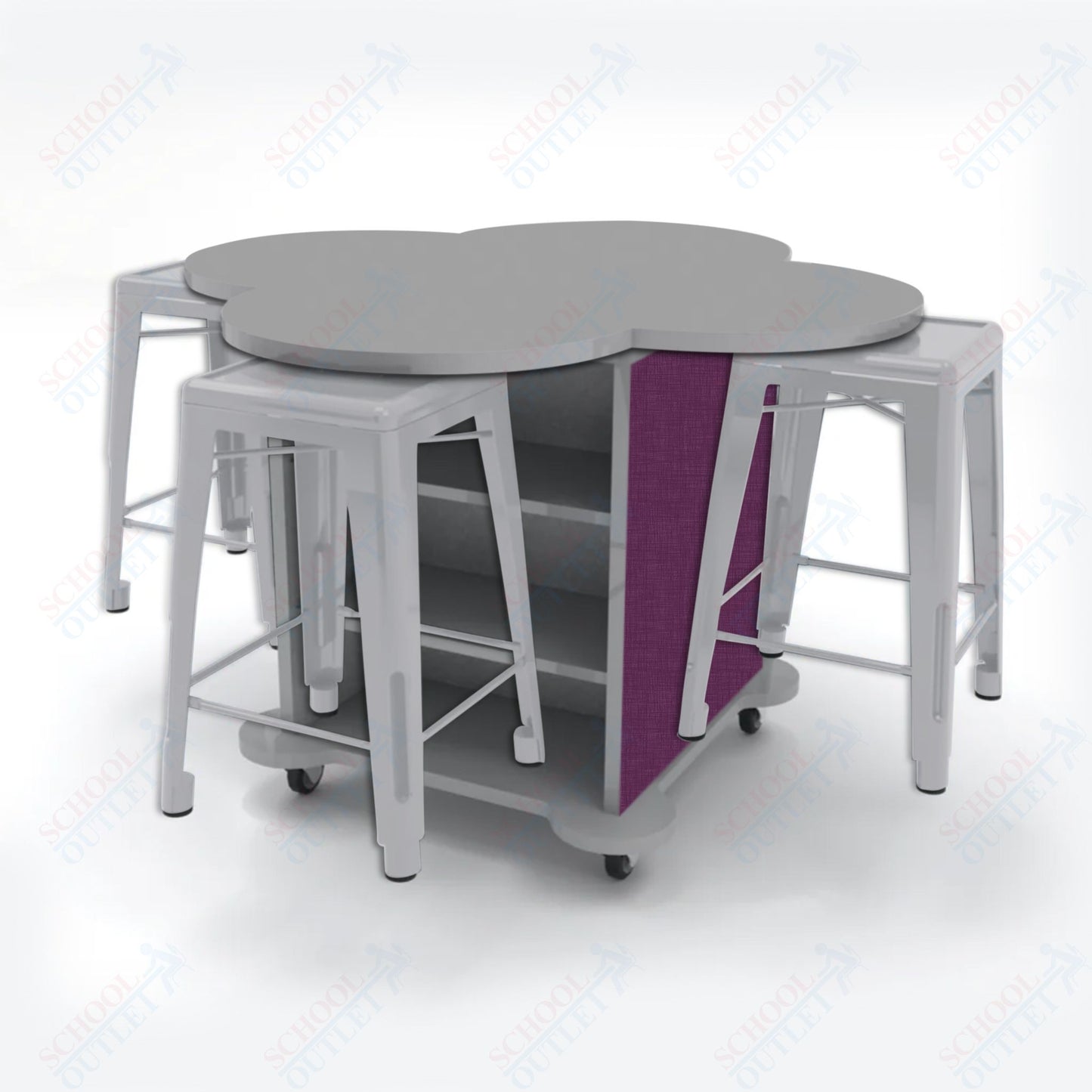 CEF Creation Cube Double-Sided Storage Table - 34"H, High-Pressure Laminate Base and Clover Top - 4 Metal Stools Included
