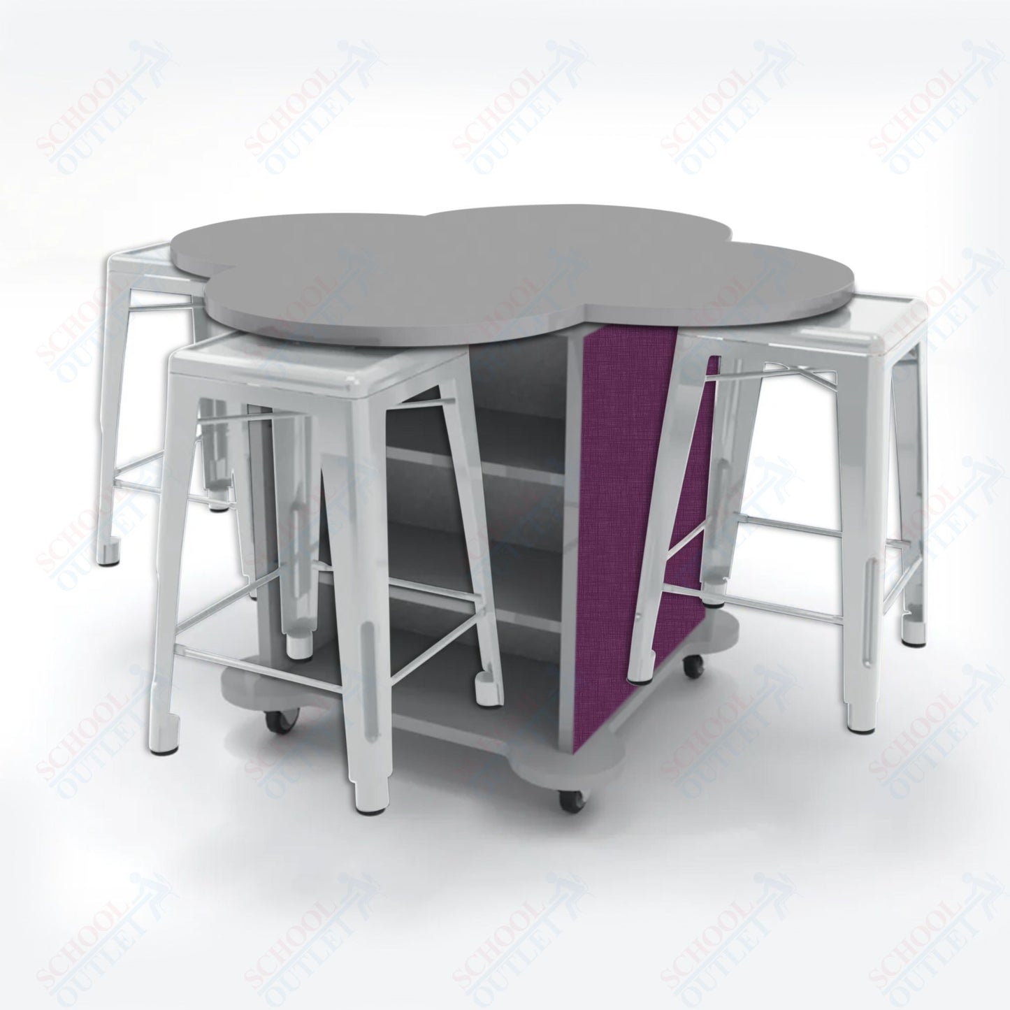 CEF Creation Cube Double-Sided Storage Table - 34"H, High-Pressure Laminate Base and Clover Top - 4 Metal Stools Included