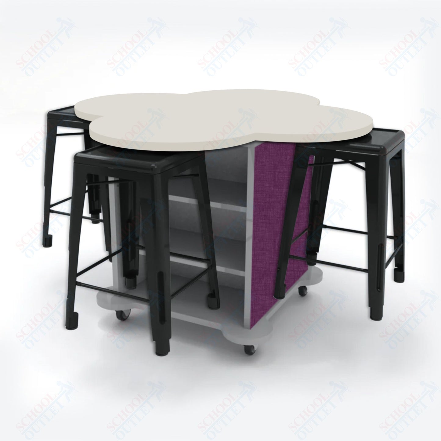 CEF Creation Cube Double-Sided Storage Table - 34"H, High-Pressure Laminate Base and Clover Top - 4 Metal Stools Included
