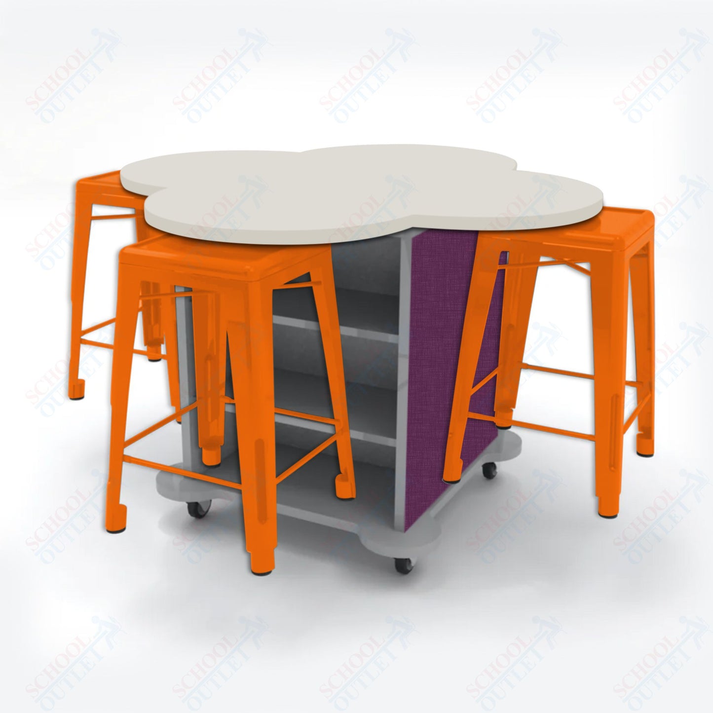 CEF Creation Cube Double-Sided Storage Table - 34"H, High-Pressure Laminate Base and Clover Top - 4 Metal Stools Included