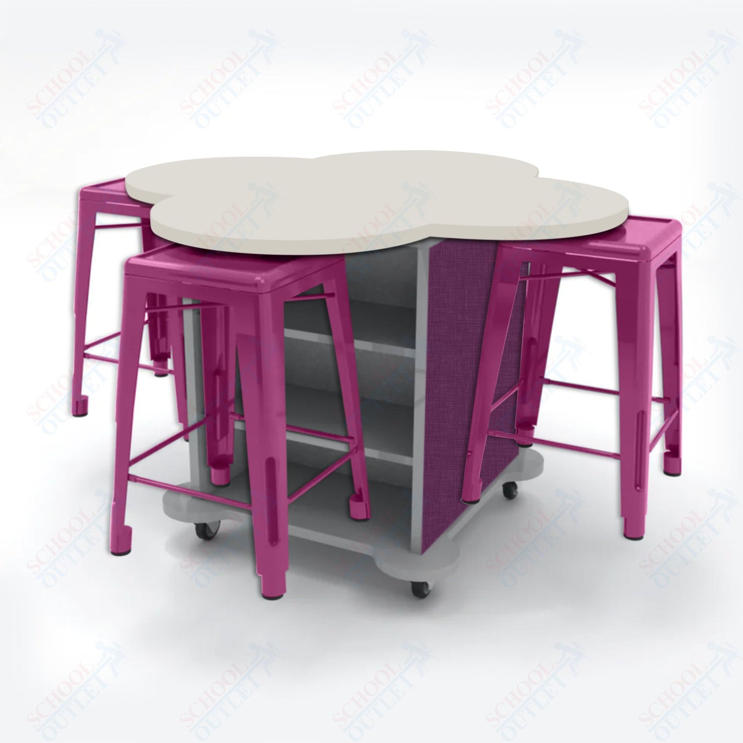 CEF Creation Cube Double-Sided Storage Table - 34"H, High-Pressure Laminate Base and Clover Top - 4 Metal Stools Included
