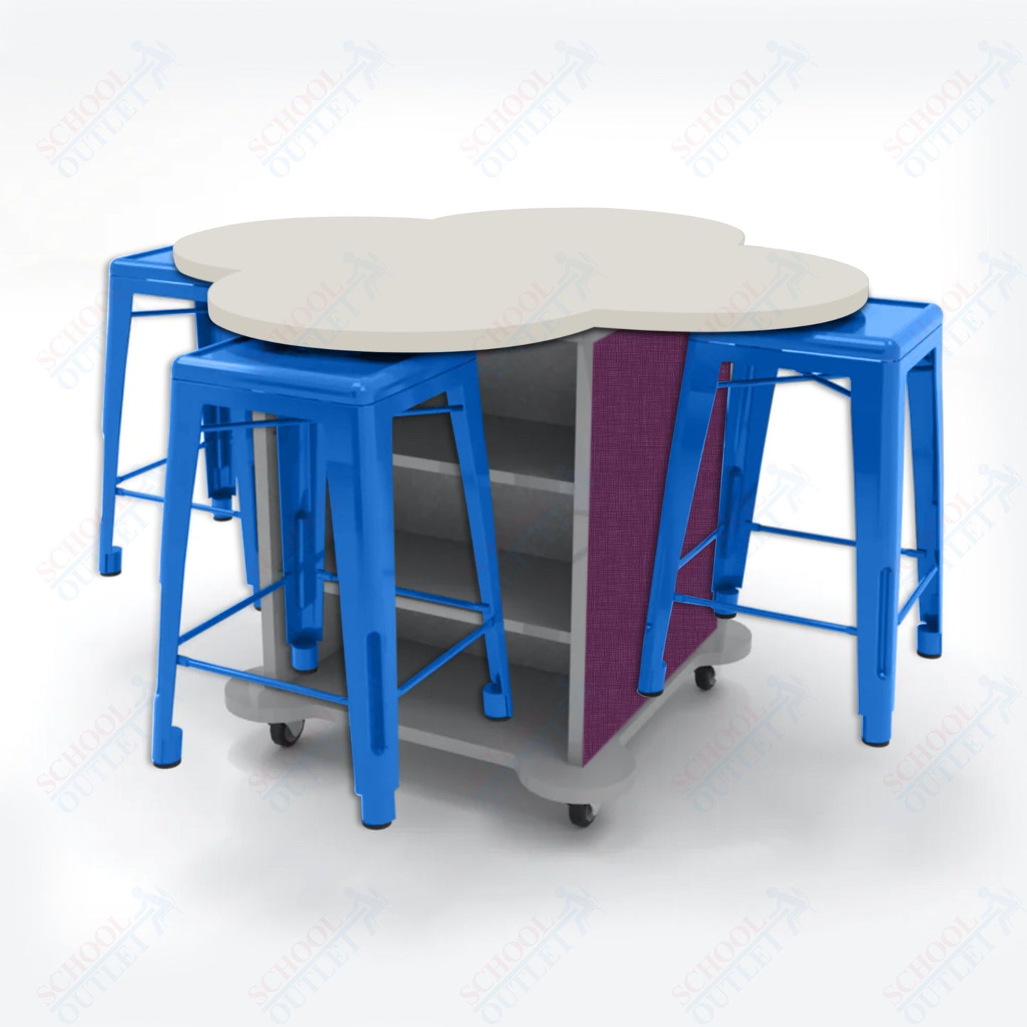 CEF Creation Cube Double-Sided Storage Table - 34"H, High-Pressure Laminate Base and Clover Top - 4 Metal Stools Included