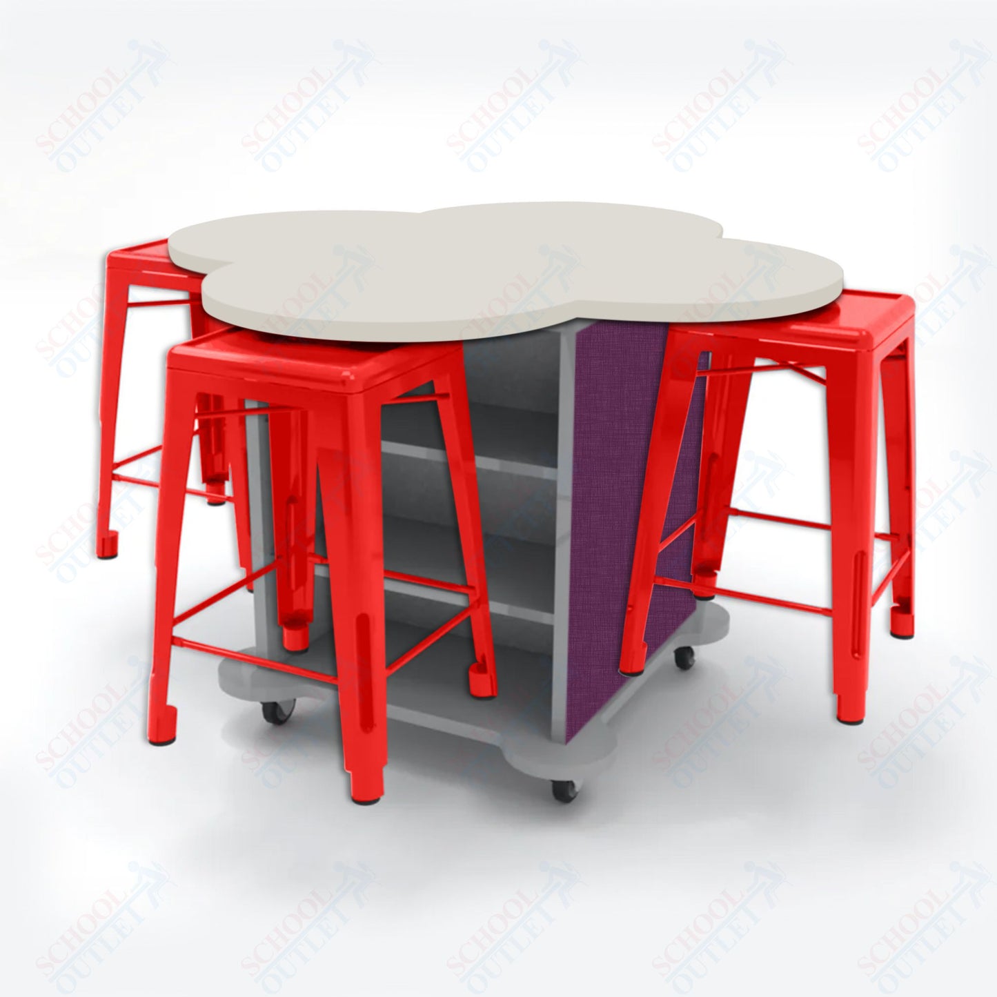 CEF Creation Cube Double-Sided Storage Table - 34"H, High-Pressure Laminate Base and Clover Top - 4 Metal Stools Included