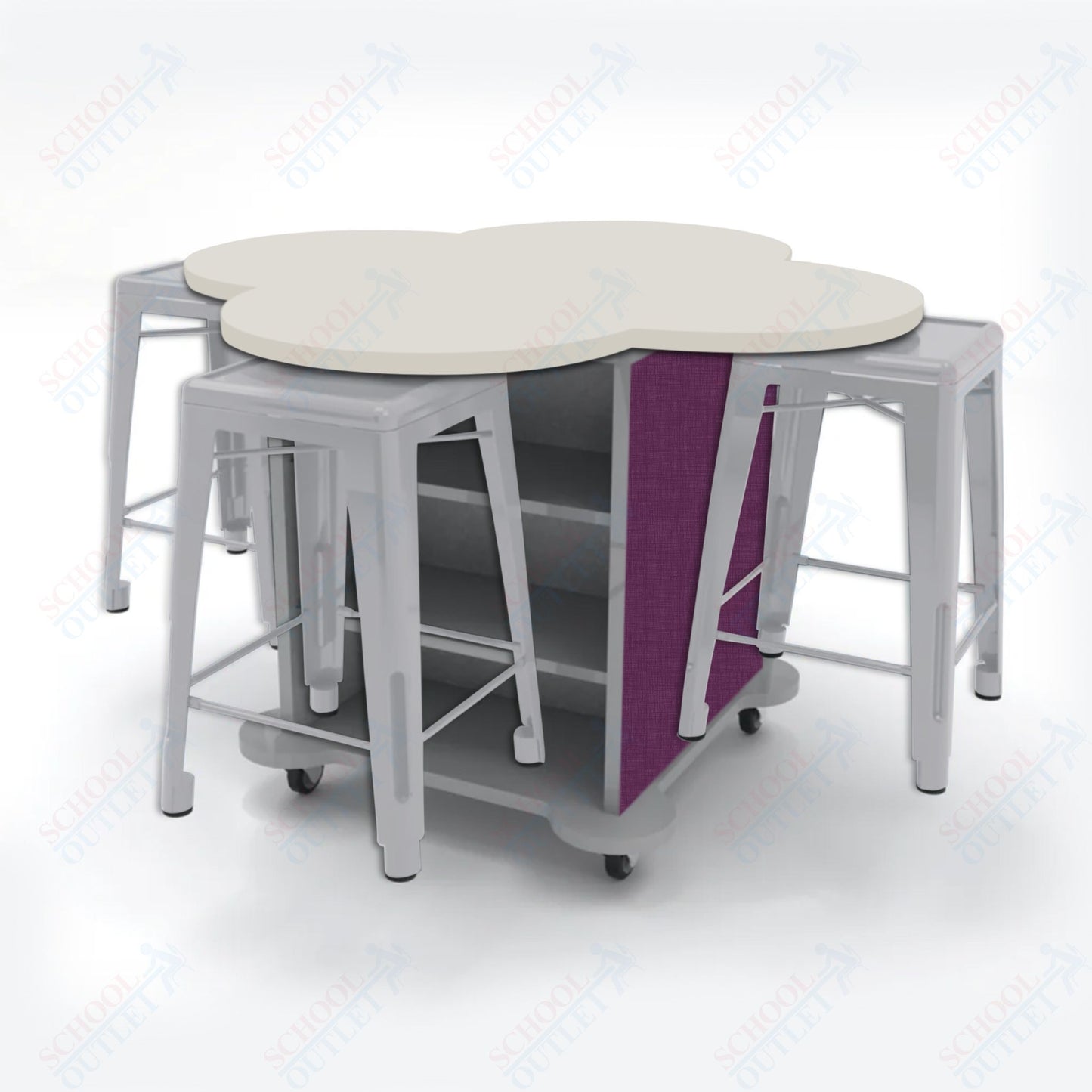 CEF Creation Cube Double-Sided Storage Table - 34"H, High-Pressure Laminate Base and Clover Top - 4 Metal Stools Included