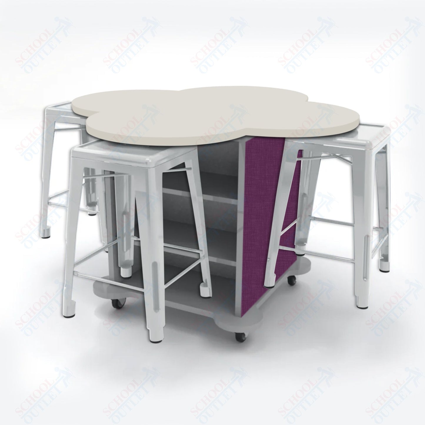 CEF Creation Cube Double-Sided Storage Table - 34"H, High-Pressure Laminate Base and Clover Top - 4 Metal Stools Included