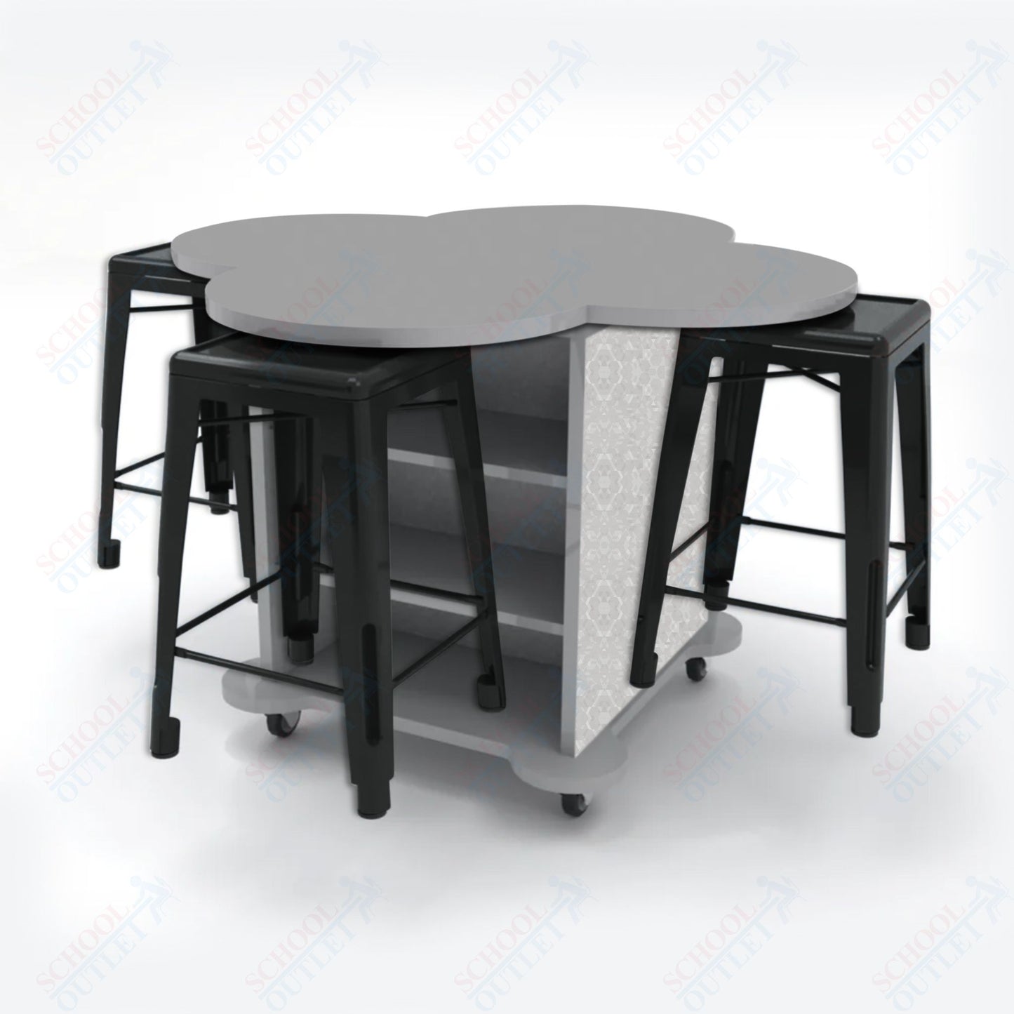 CEF Creation Cube Double-Sided Storage Table - 34"H, High-Pressure Laminate Base and Clover Top - 4 Metal Stools Included